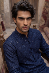 Dark Navy Blue & Light Beige Embroidered Kurta & Trouser Set