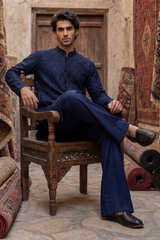 Dark Navy Blue & Light Beige Embroidered Kurta & Trouser Set