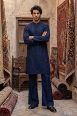 Dark Navy Blue & Light Beige Embroidered Kurta & Trouser Set