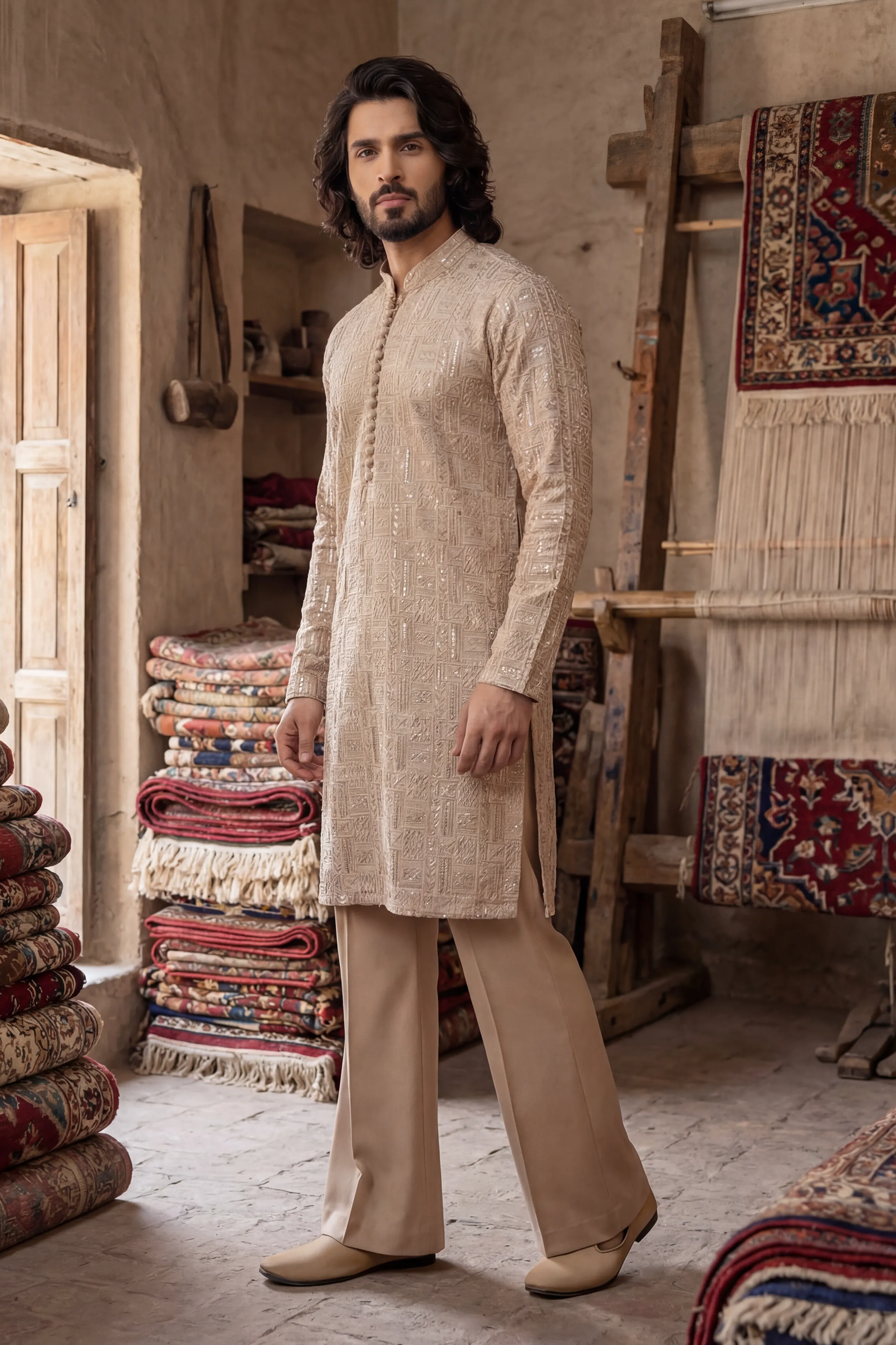 Sand Gold Embroidered Kurta & Trouser Set