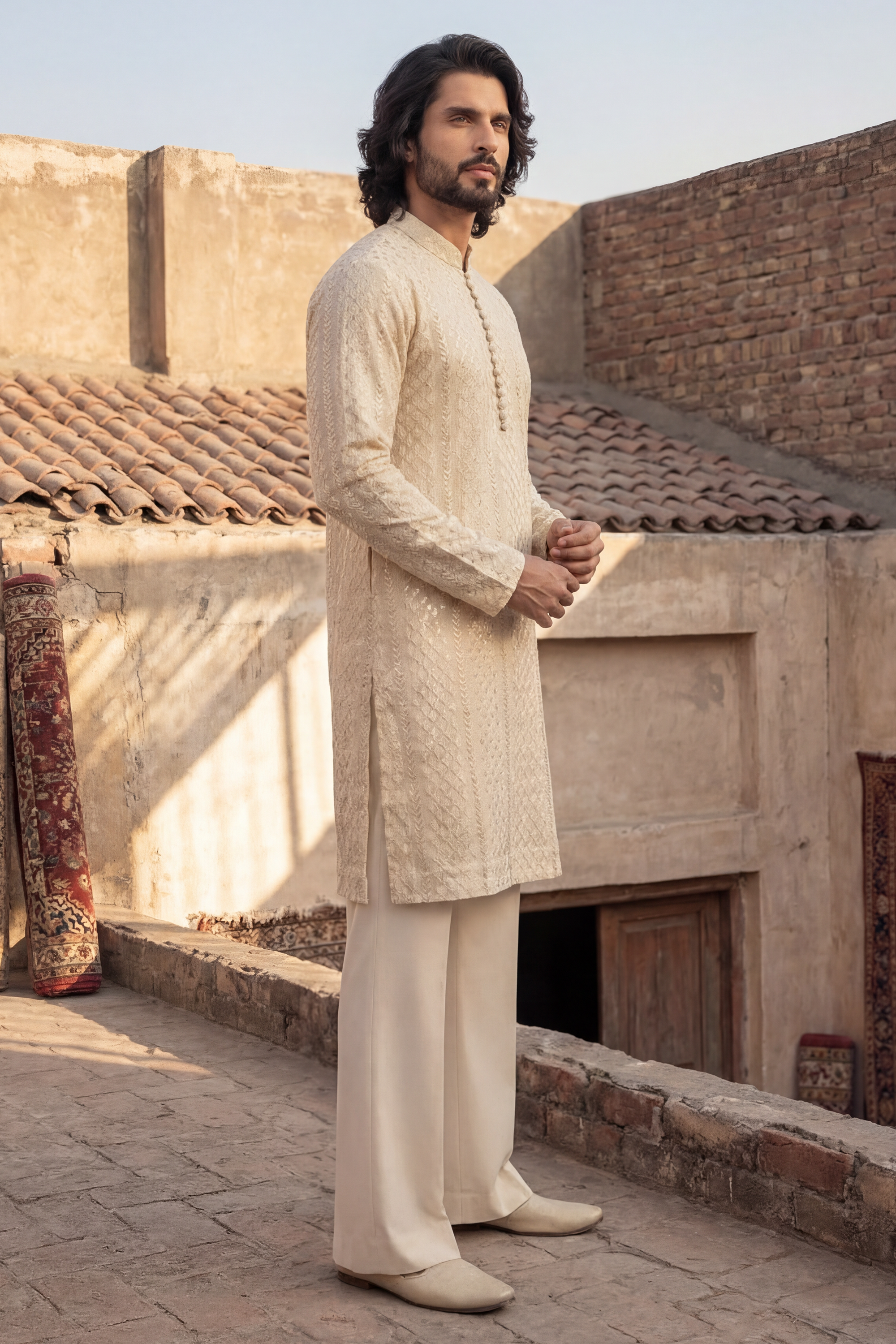Light Cream Embroidered Kurta & Trouser Set