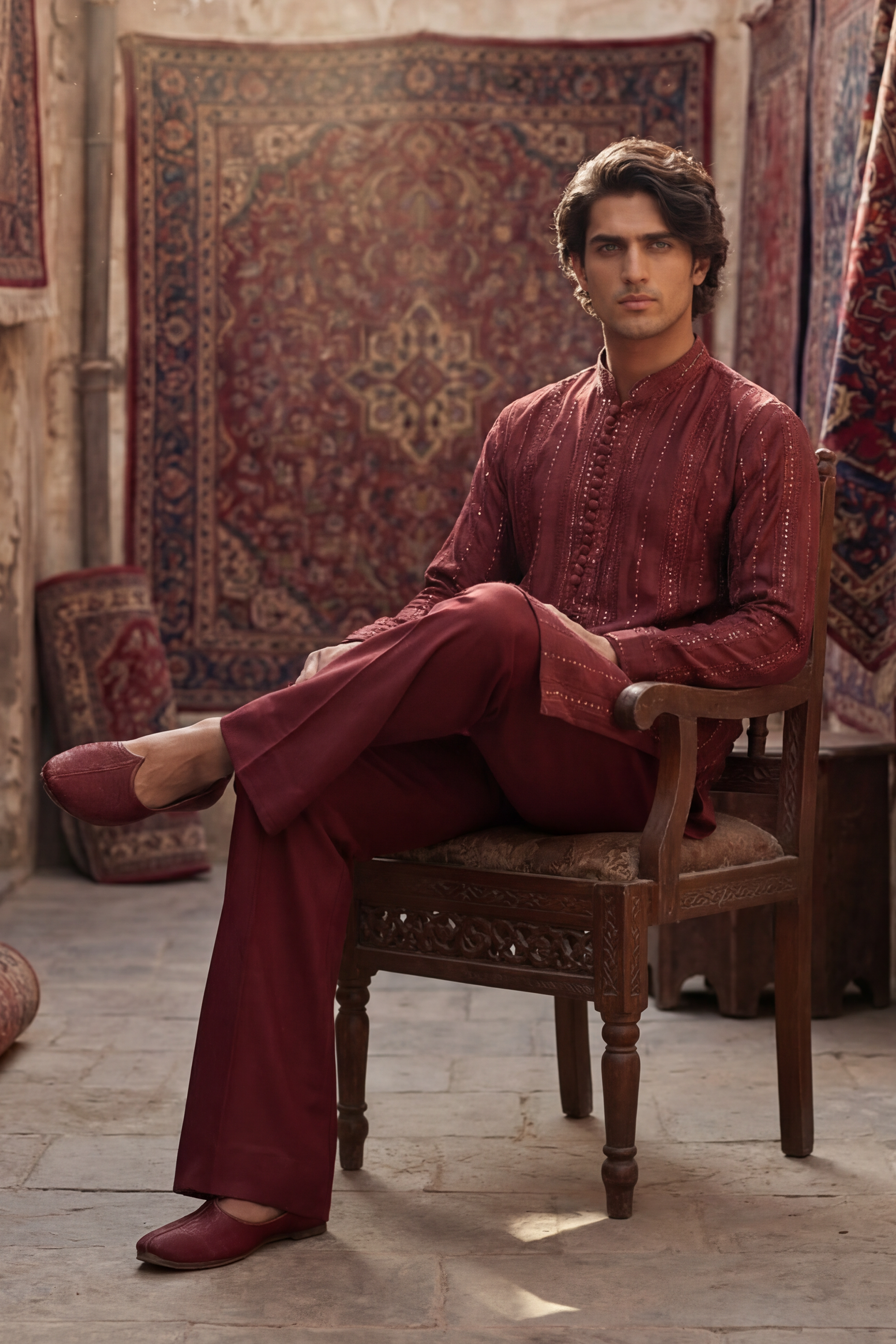 Reddish Maroon Embroidered Kurta & Trouser Set