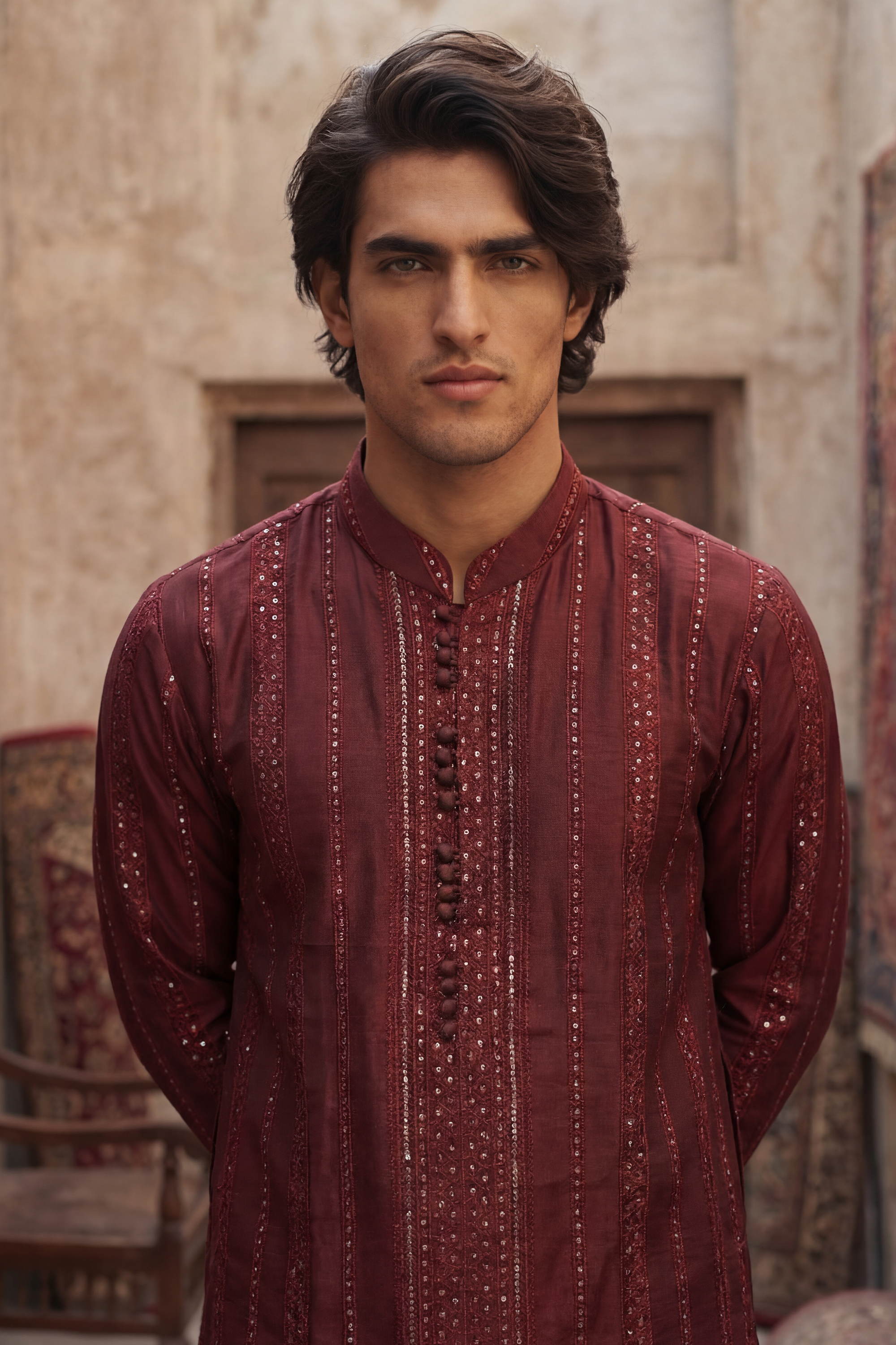 Reddish Maroon Embroidered Kurta & Trouser Set