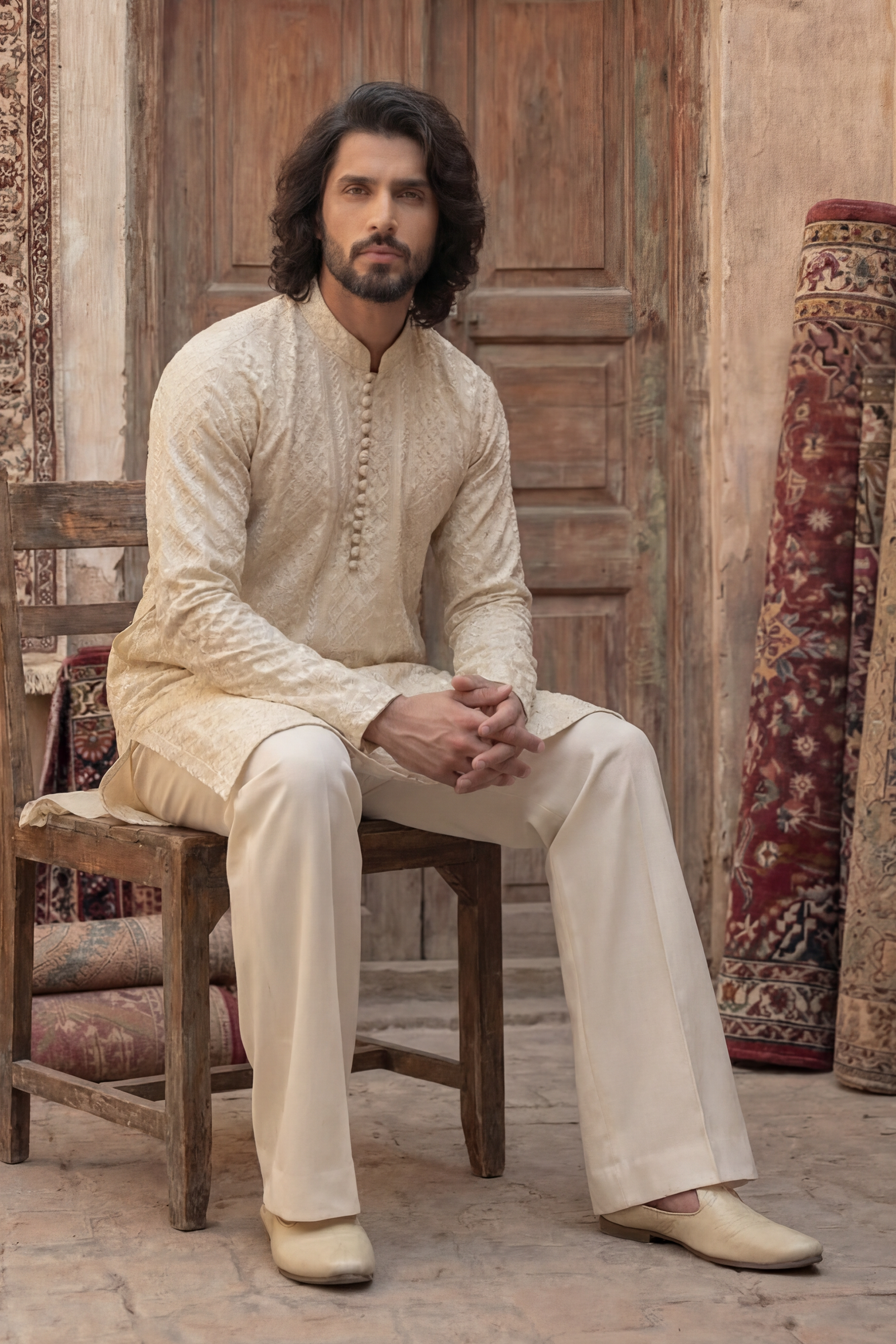 Light Cream Embroidered Kurta & Trouser Set