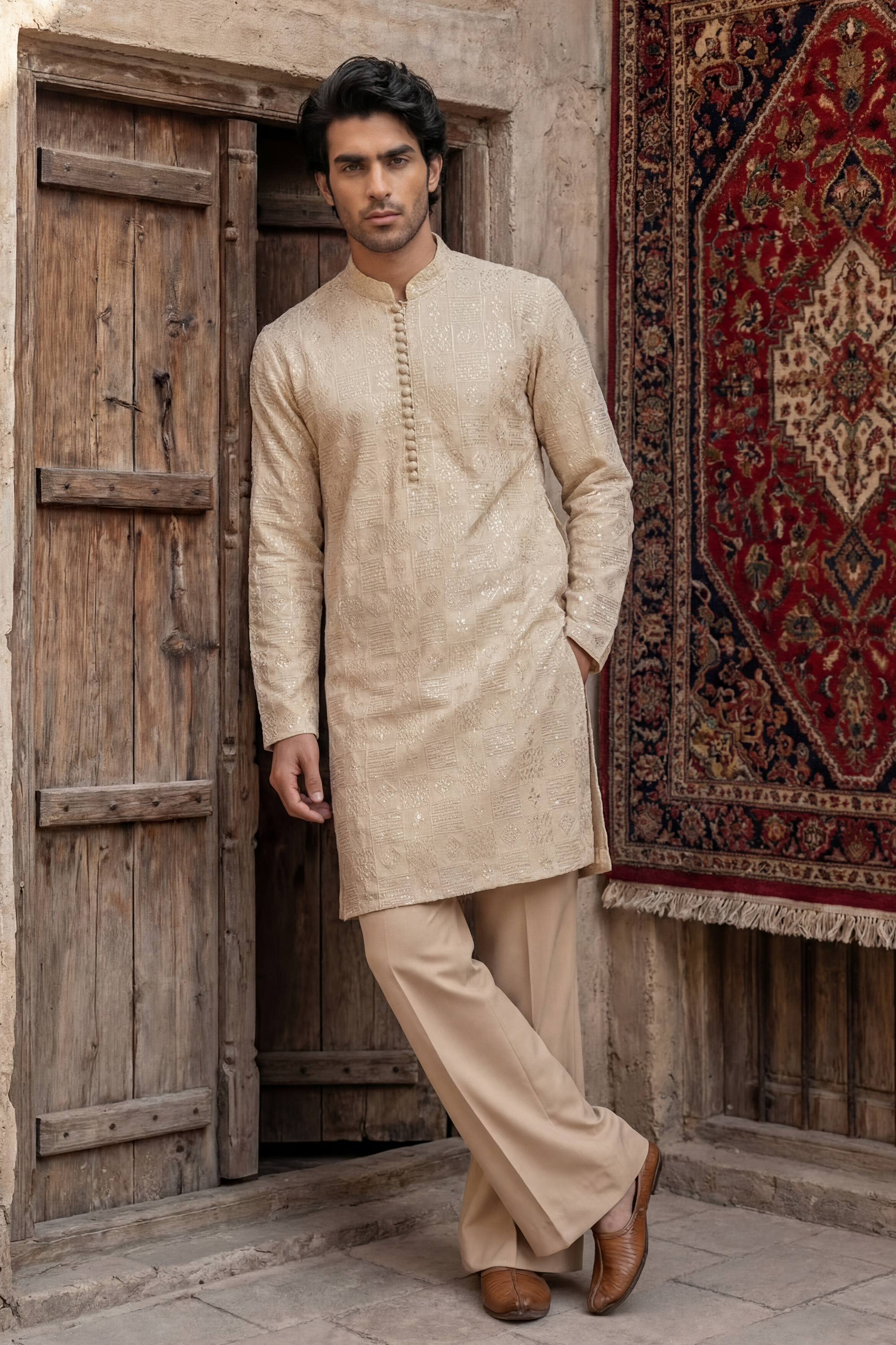 Light Golden Beige Embroidered Kurta & Trouser Set