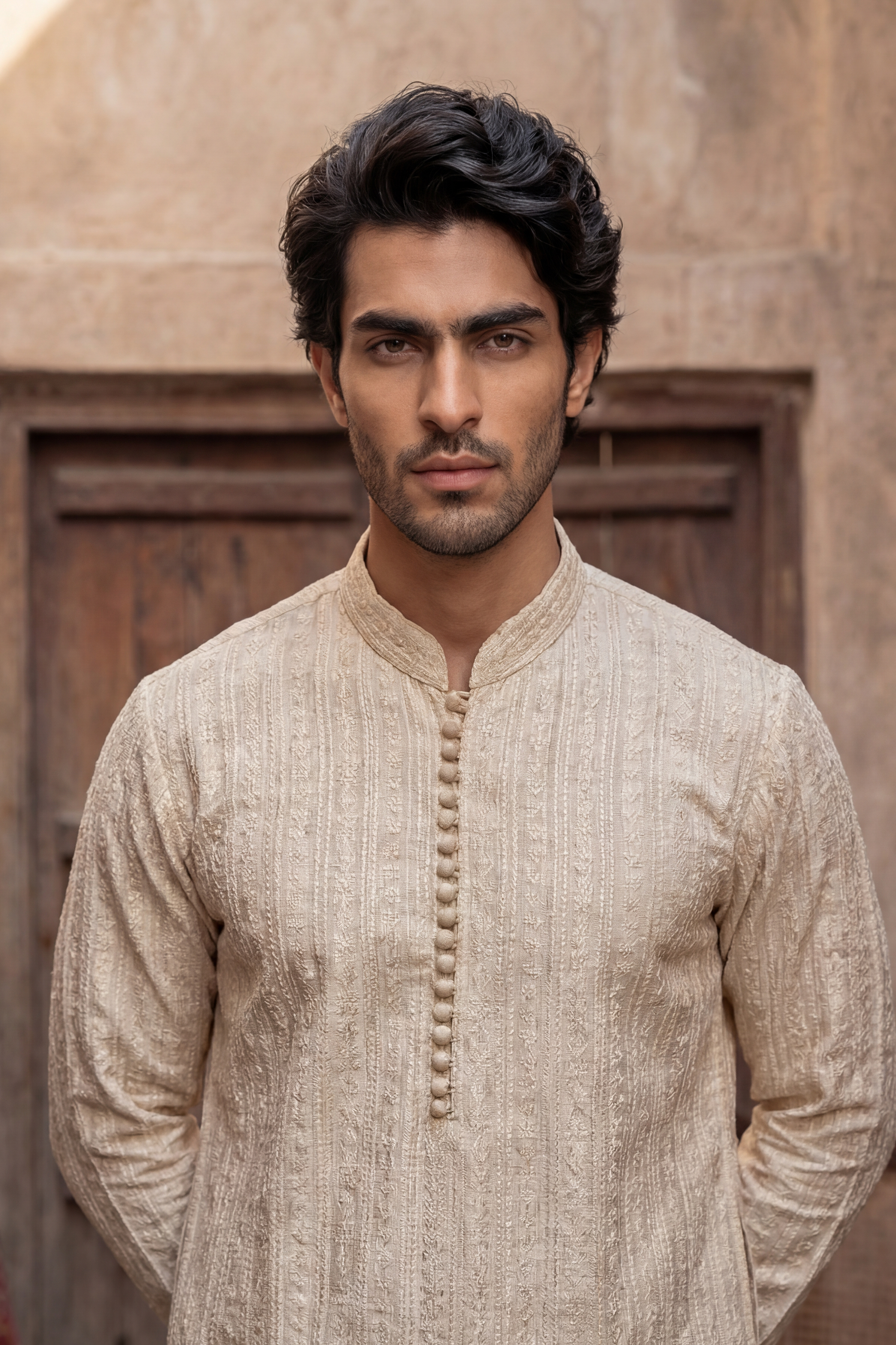 Light Beige Embroidered Kurta & Trouser Set