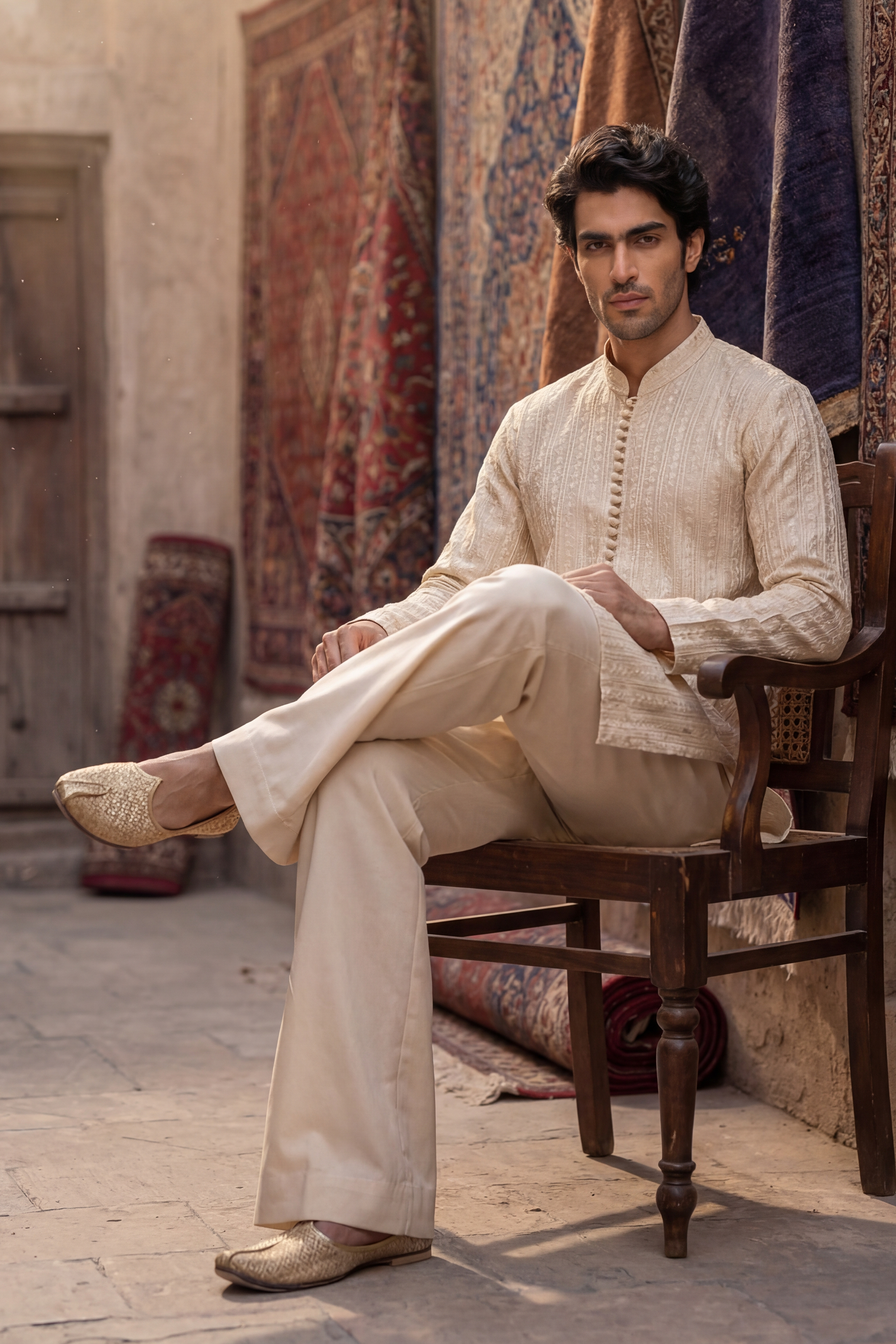 Light Beige Embroidered Kurta & Trouser Set