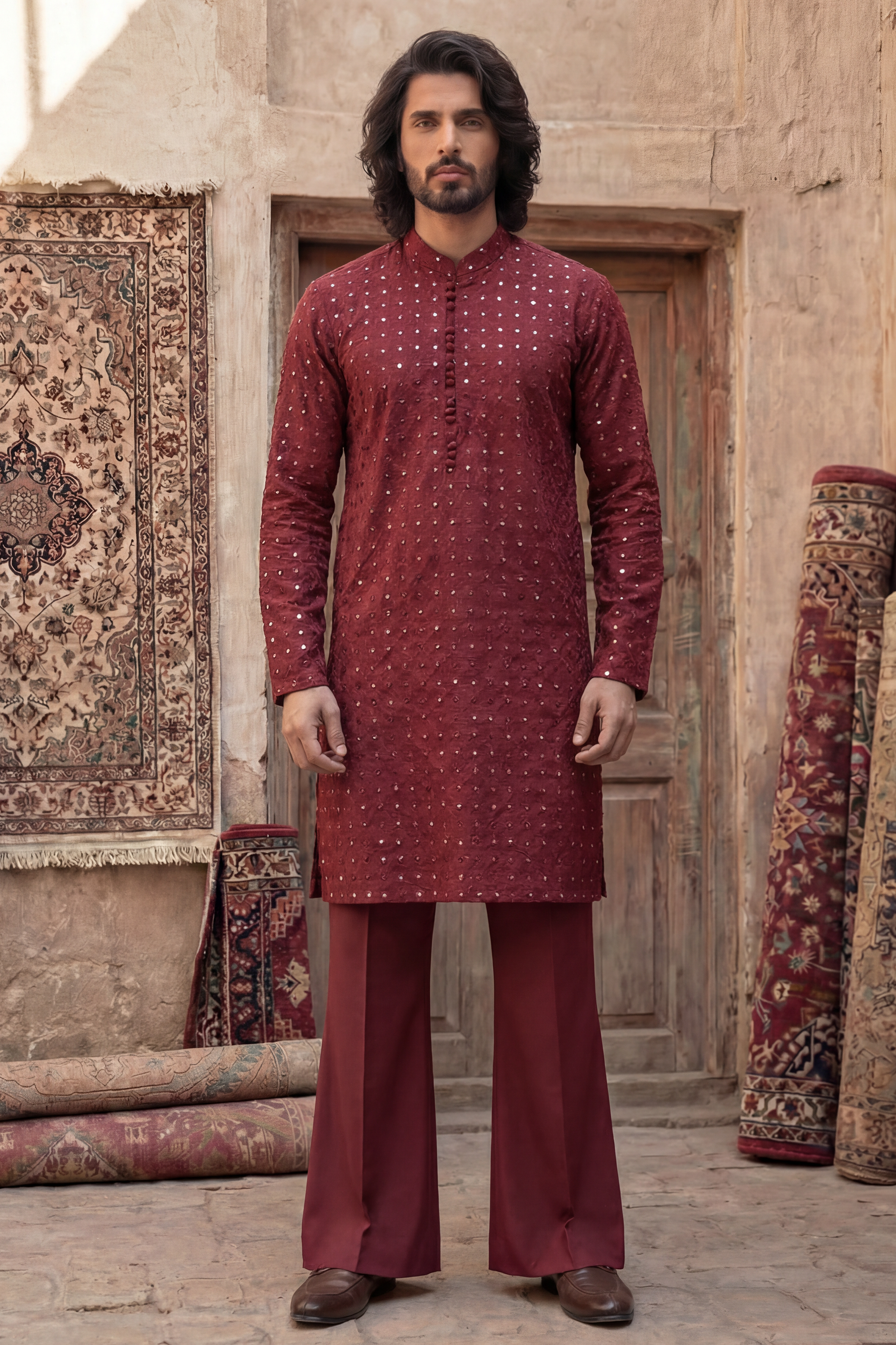 Red Wine & Olive Embroidered Kurta & Trouser Set