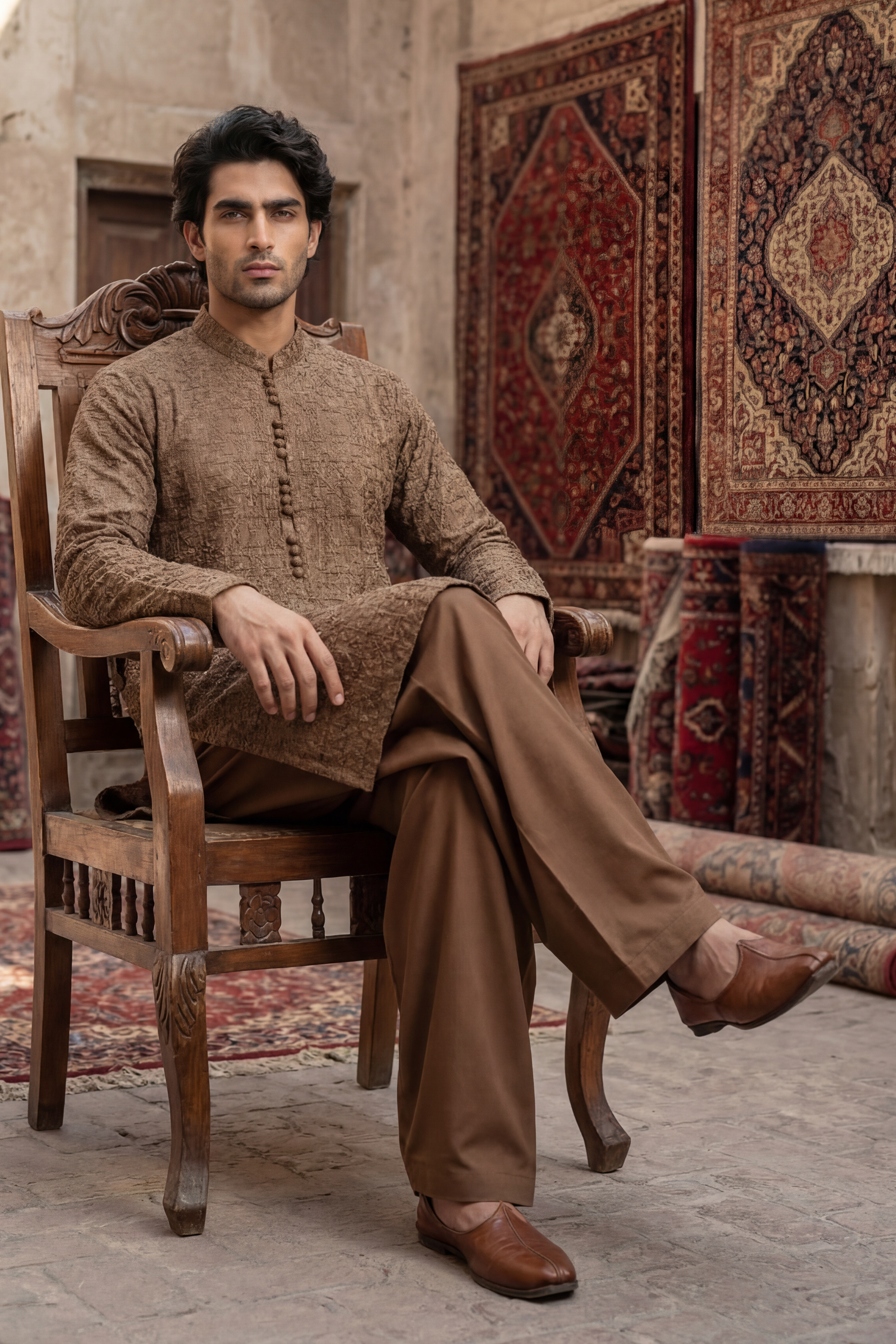 Dark Brown Embroidered Kurta & Trouser Set