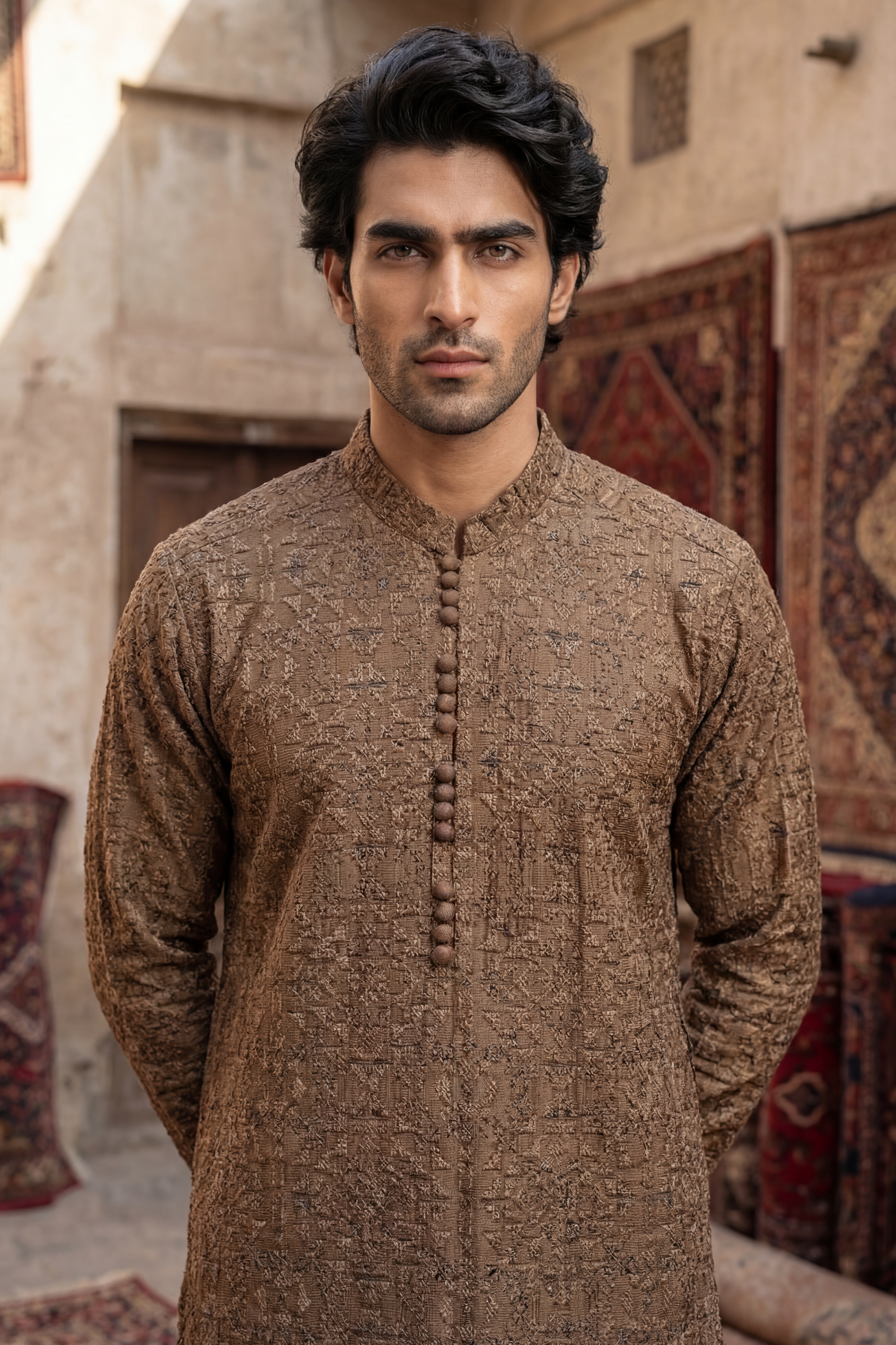 Dark Brown Embroidered Kurta & Trouser Set