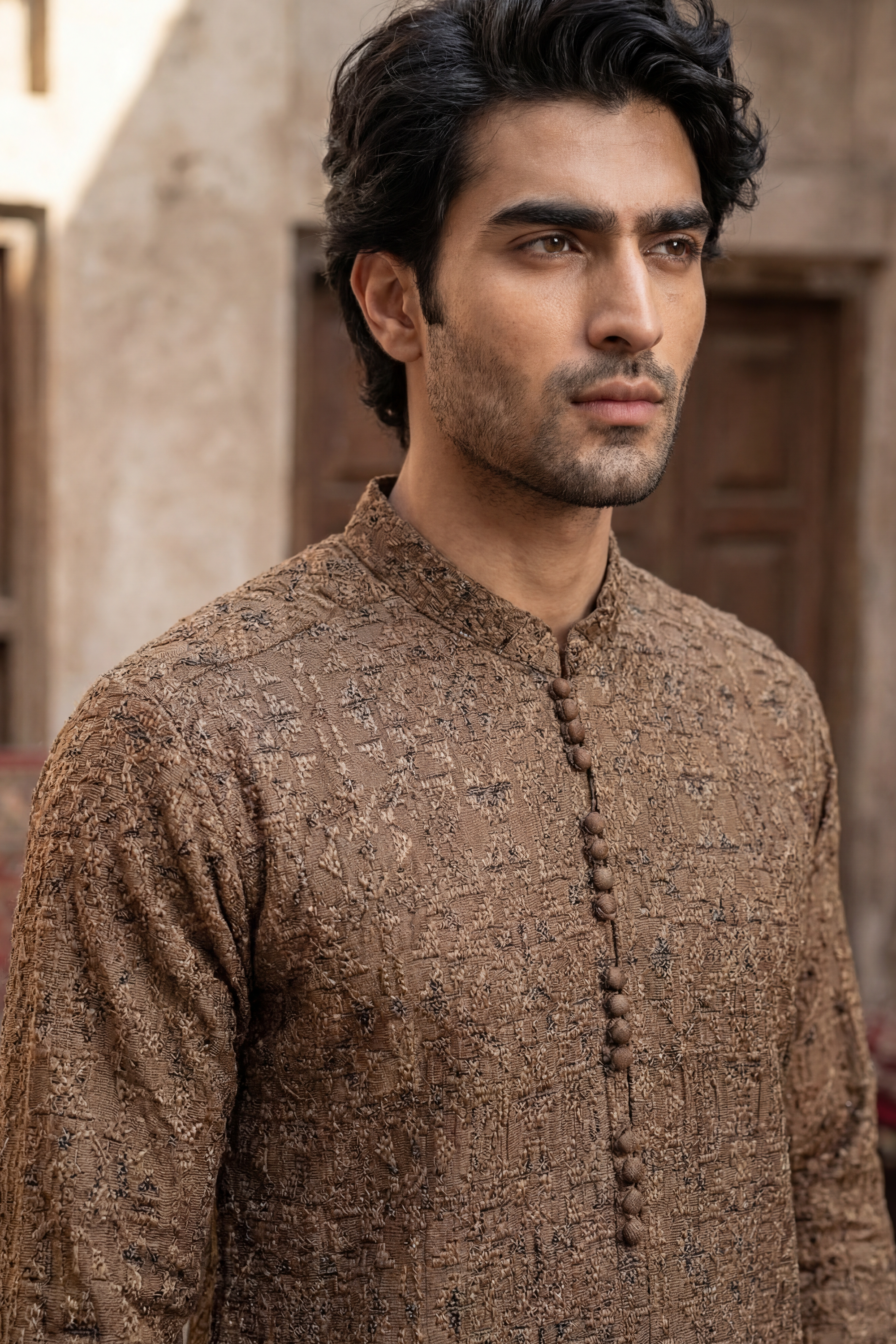Dark Brown Embroidered Kurta & Trouser Set
