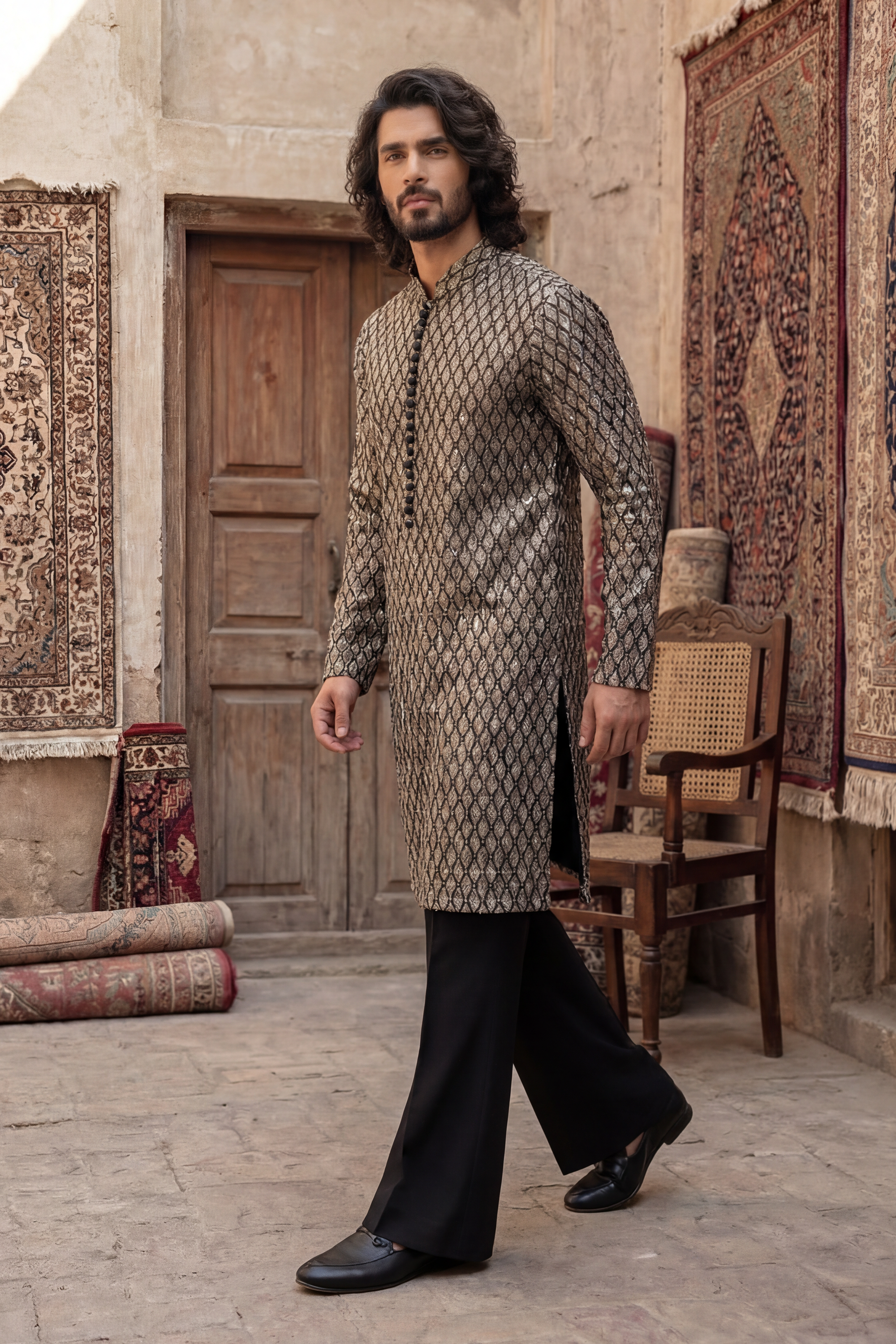 Gold & Black Embroidered Kurta & Trouser Set
