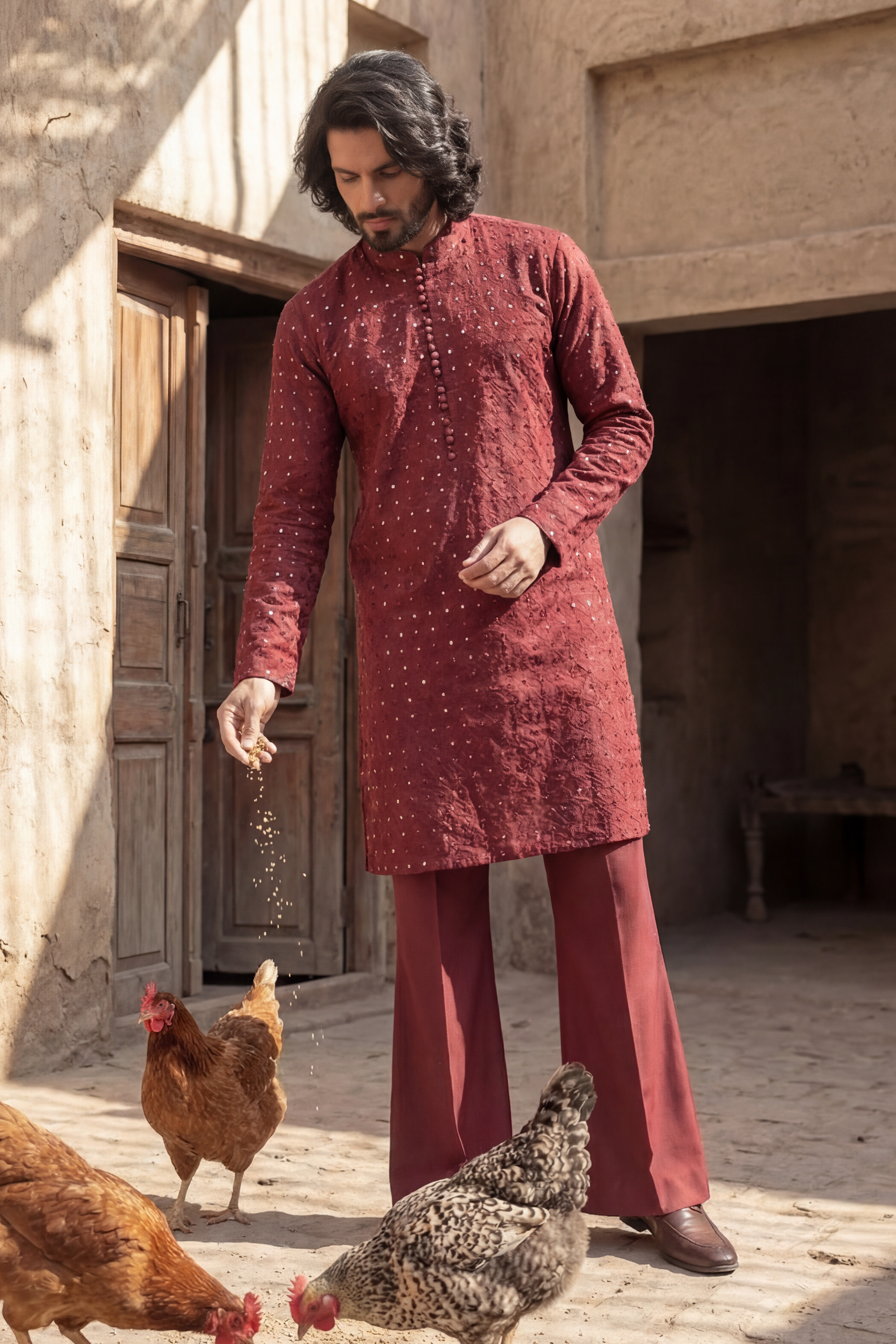 Red Wine & Olive Embroidered Kurta & Trouser Set