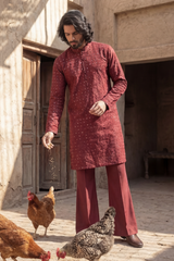Red Wine & Olive Embroidered Kurta & Trouser Set