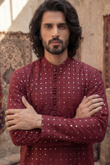 Red Wine & Olive Embroidered Kurta & Trouser Set