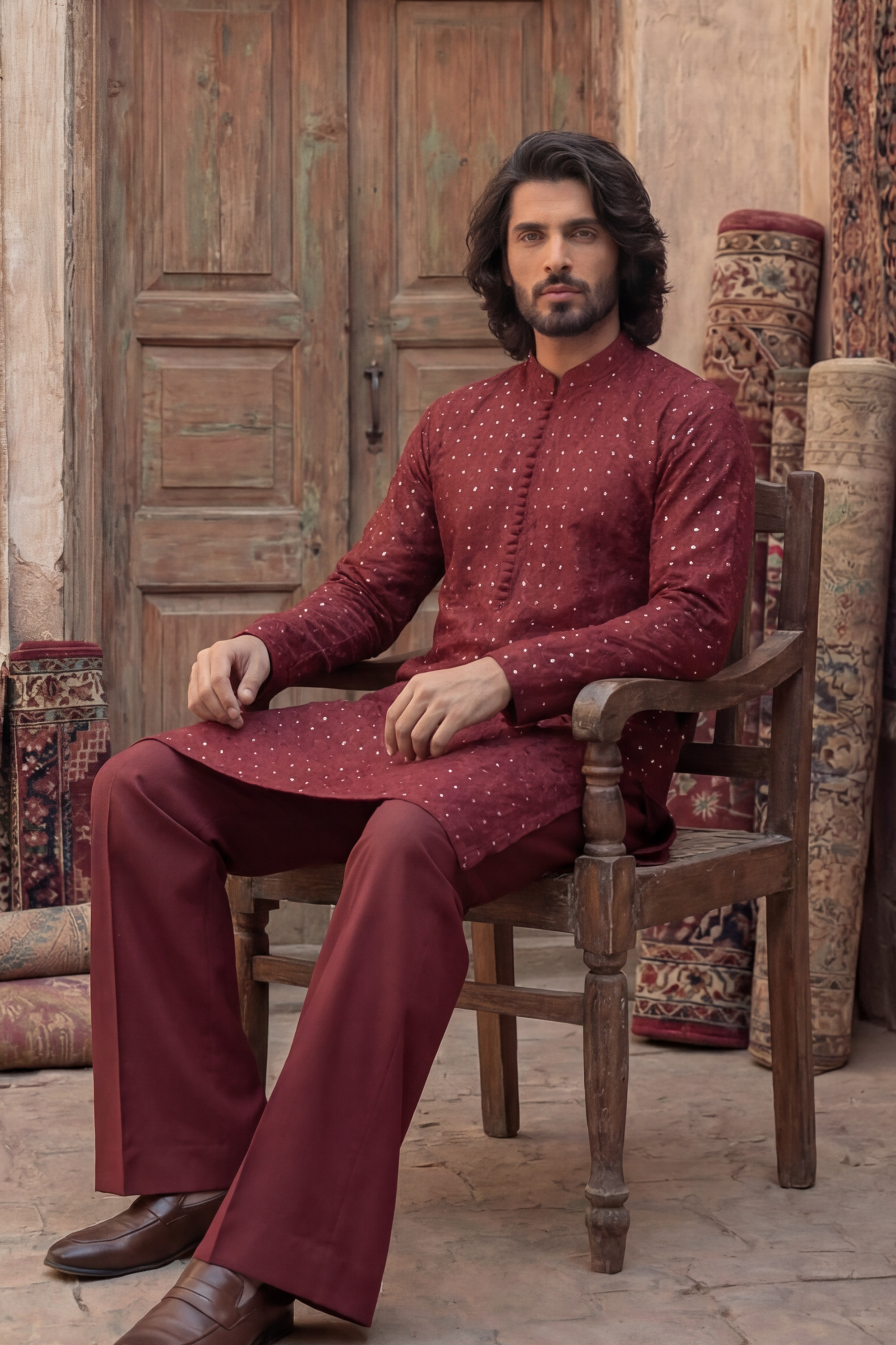 Red Wine & Olive Embroidered Kurta & Trouser Set