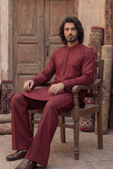 Red Wine & Olive Embroidered Kurta & Trouser Set