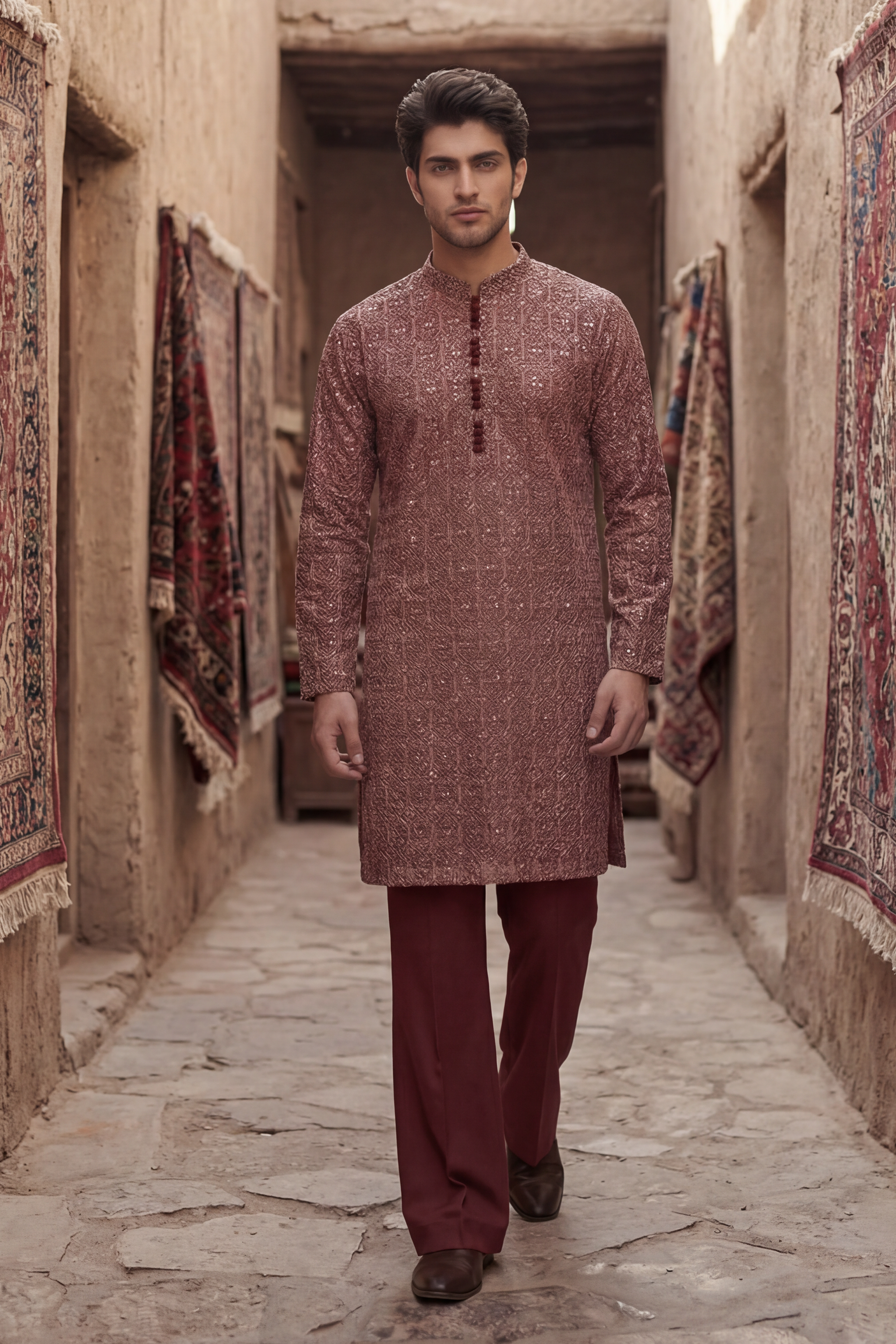 Red Wine Embroidered Kurta & Trouser Set