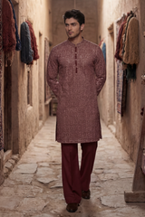 Red Wine Embroidered Kurta & Trouser Set