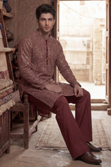 Red Wine Embroidered Kurta & Trouser Set