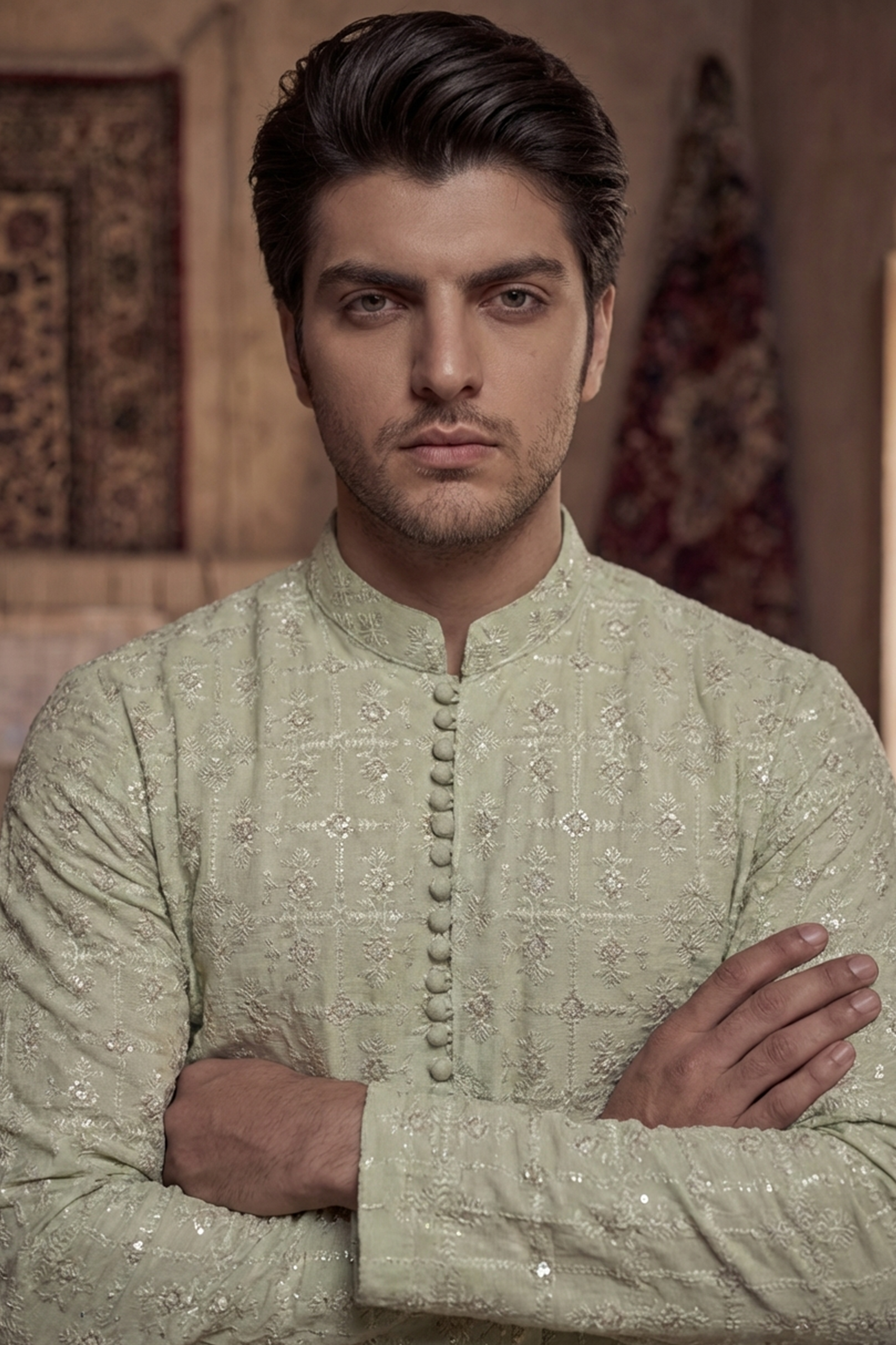Olive Green Embroidered Kurta & Trouser Set
