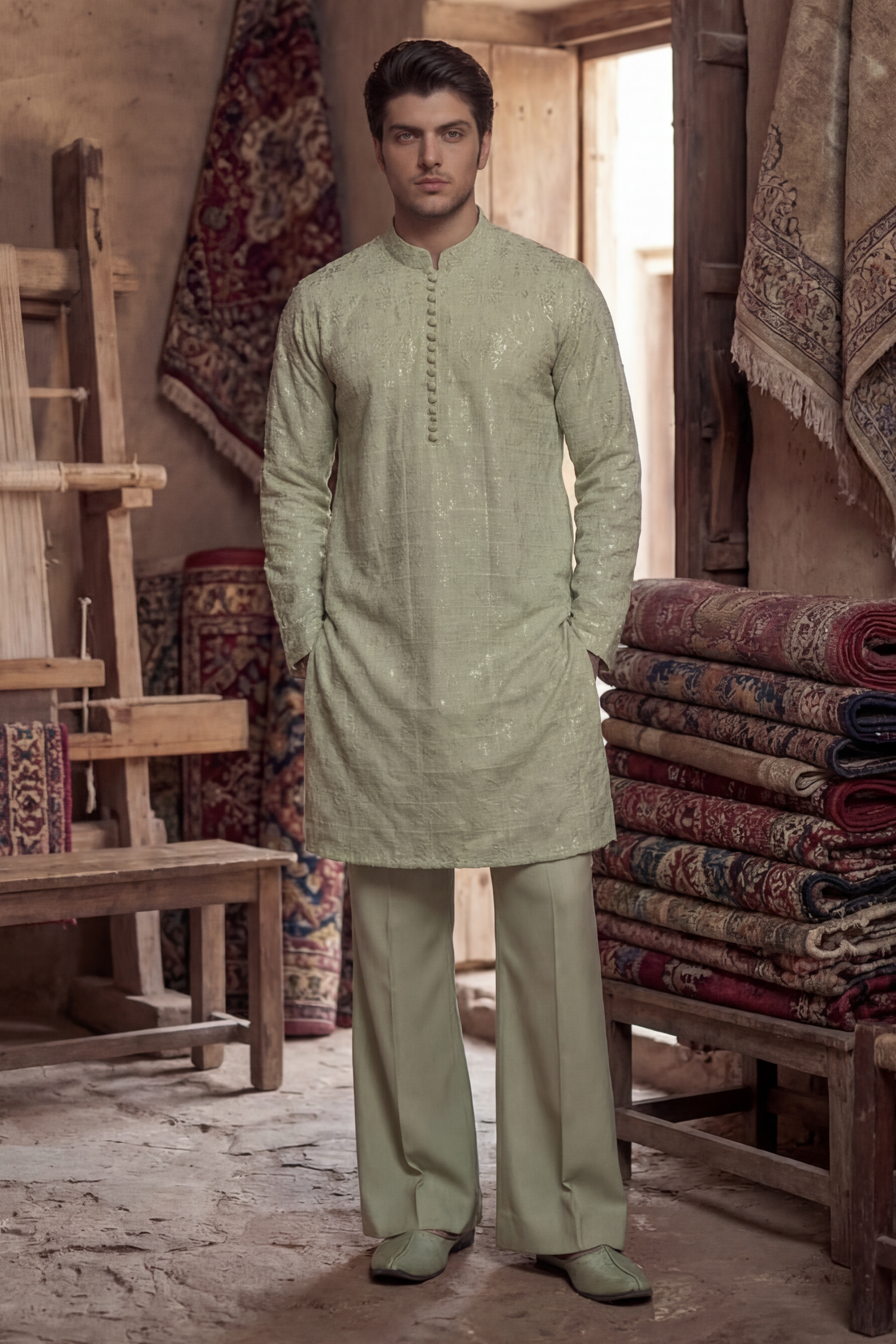 Olive Green Embroidered Kurta & Trouser Set