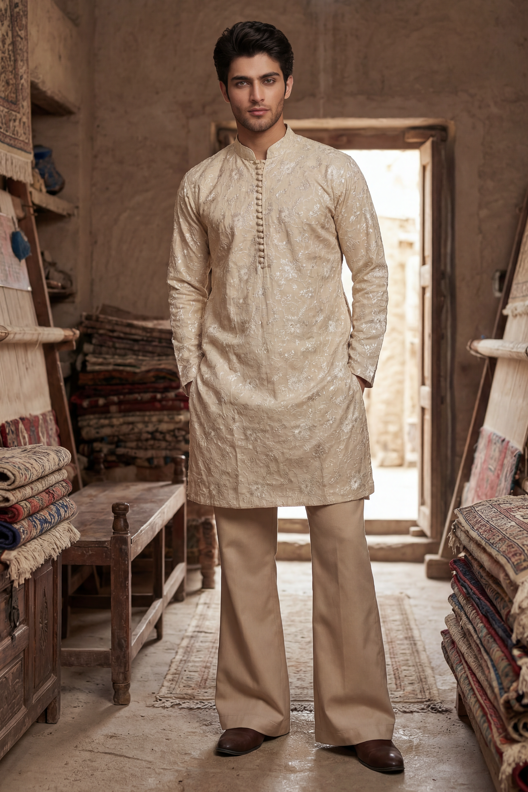 Light Golden Embroidered Kurta & Trouser Set