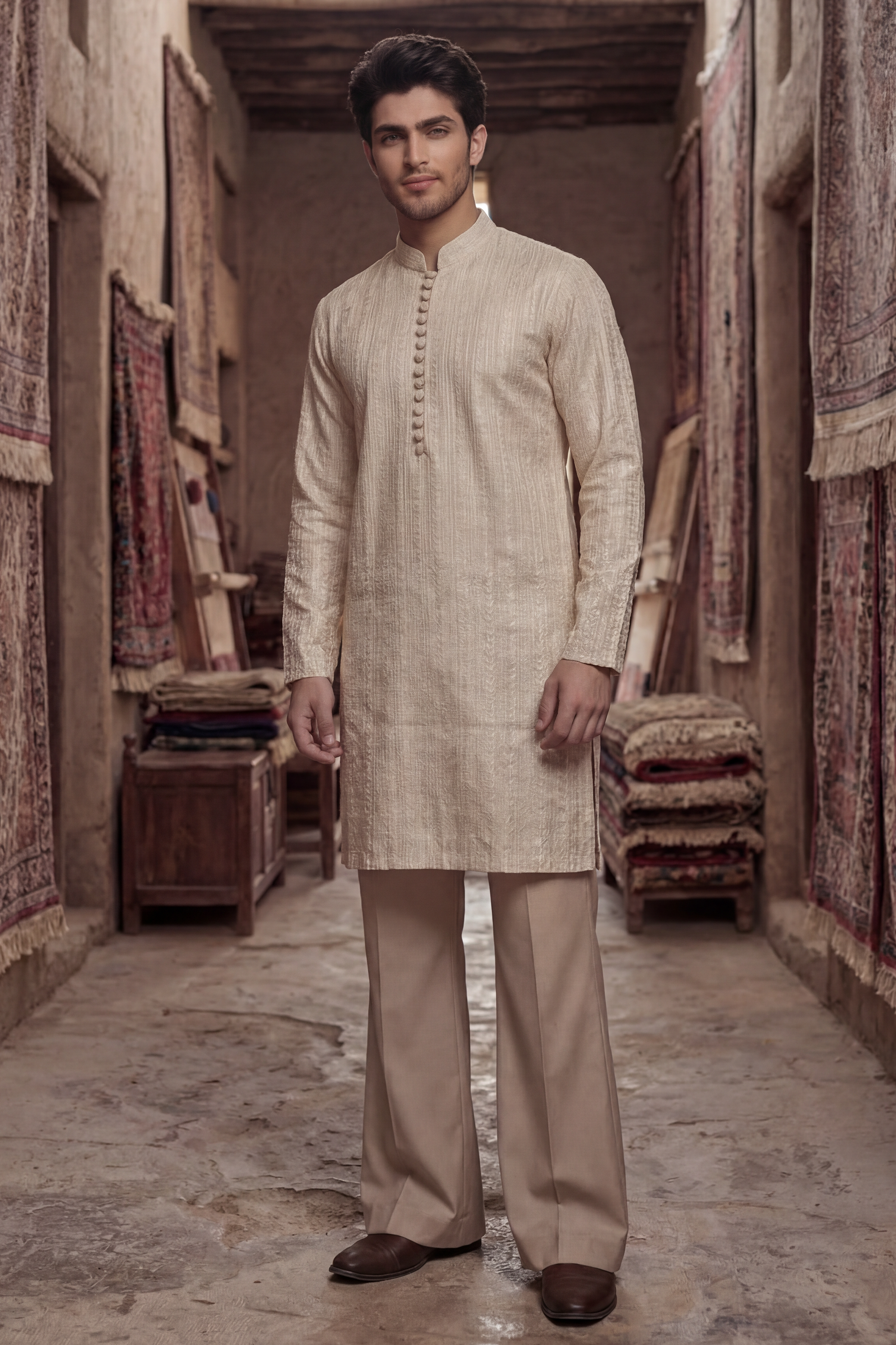 Light Golden Embroidered Kurta & Trouser Set