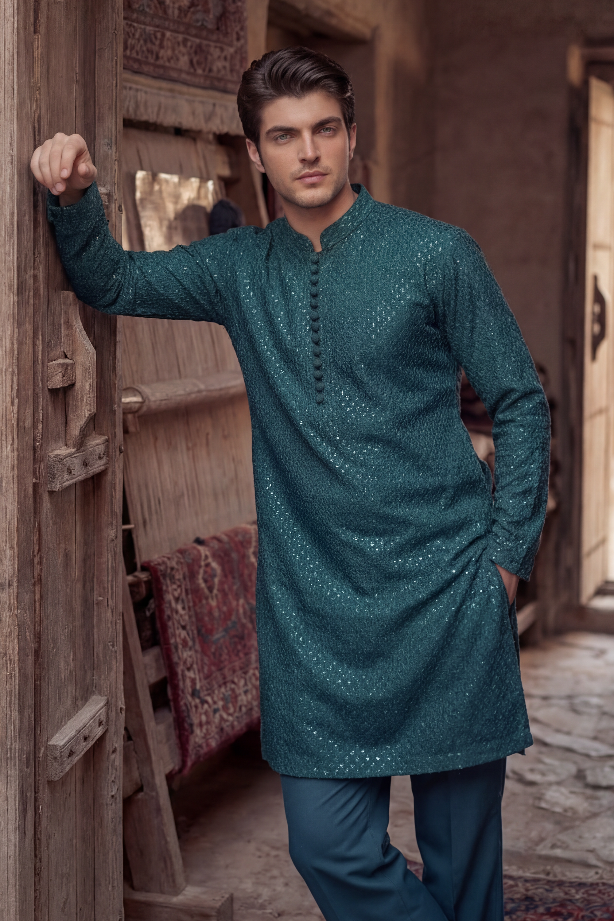 Teal Turquoise Embroidered Kurta & Trouser Set