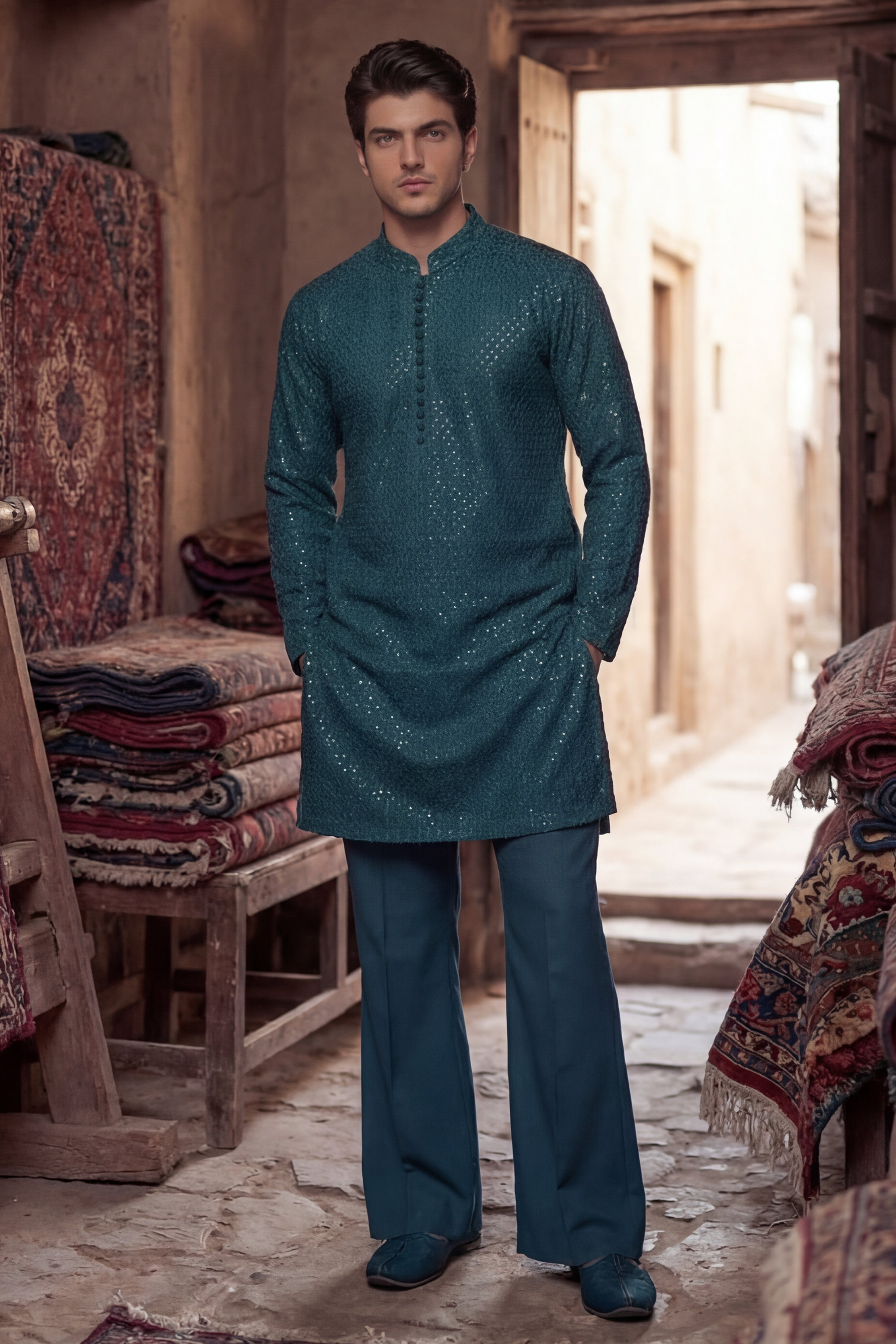 Teal Turquoise Embroidered Kurta & Trouser Set