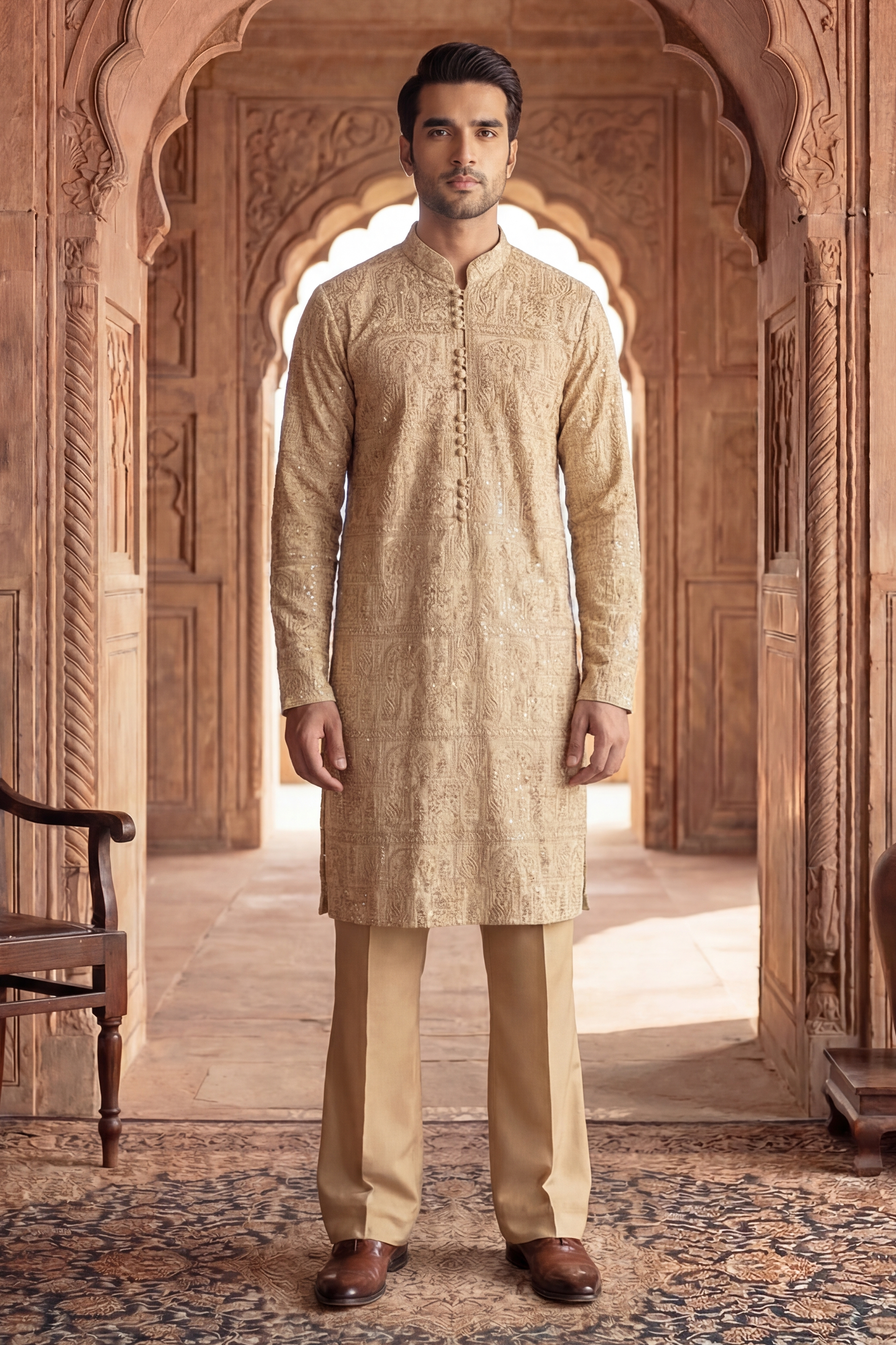 Light Golden Beige Sequin Embroidered Kurta Trouser Set