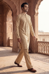 Light Golden Beige Sequin Embroidered Kurta Trouser Set