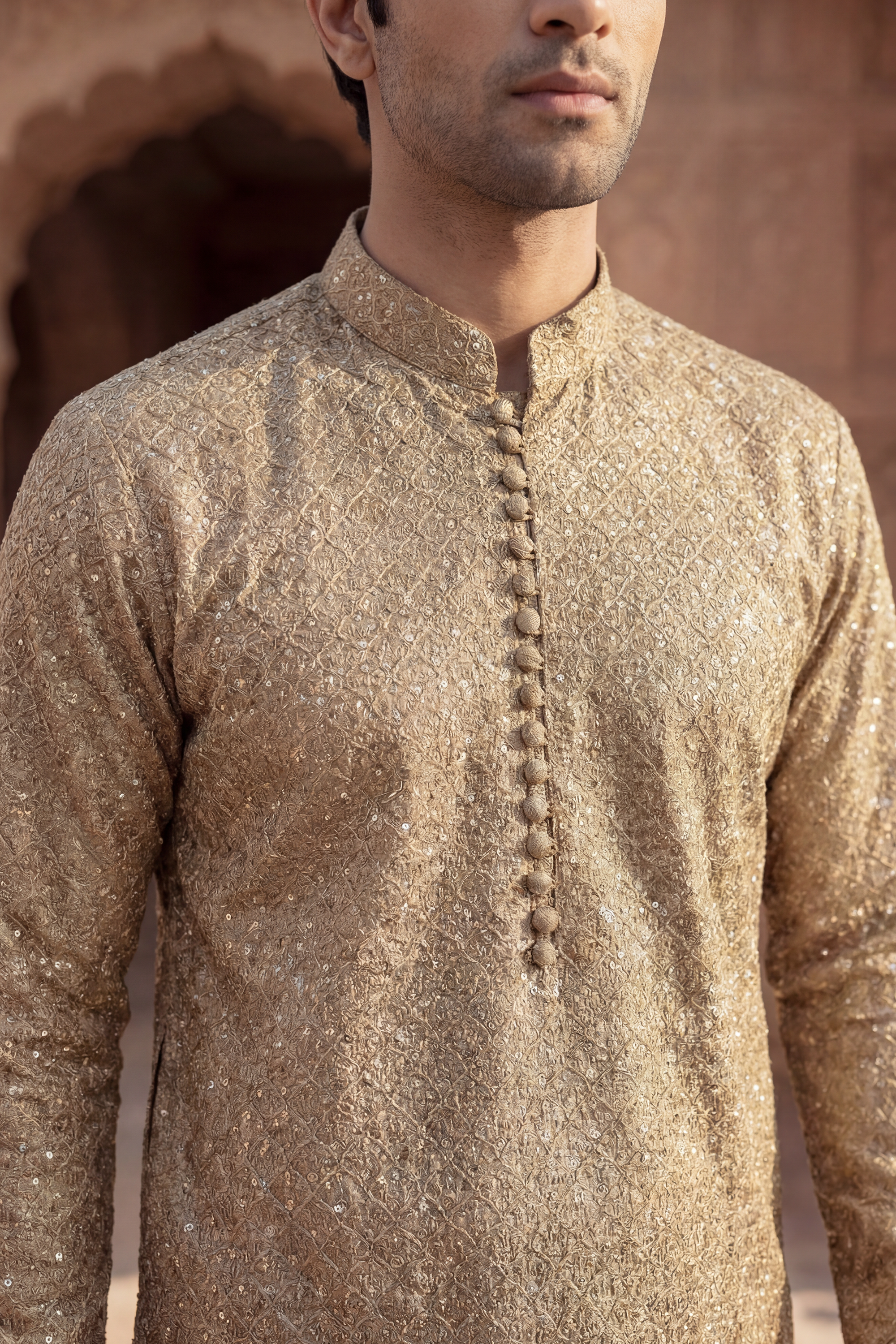 Honey Golden Sequin Embroidered Kurta Trouser Set