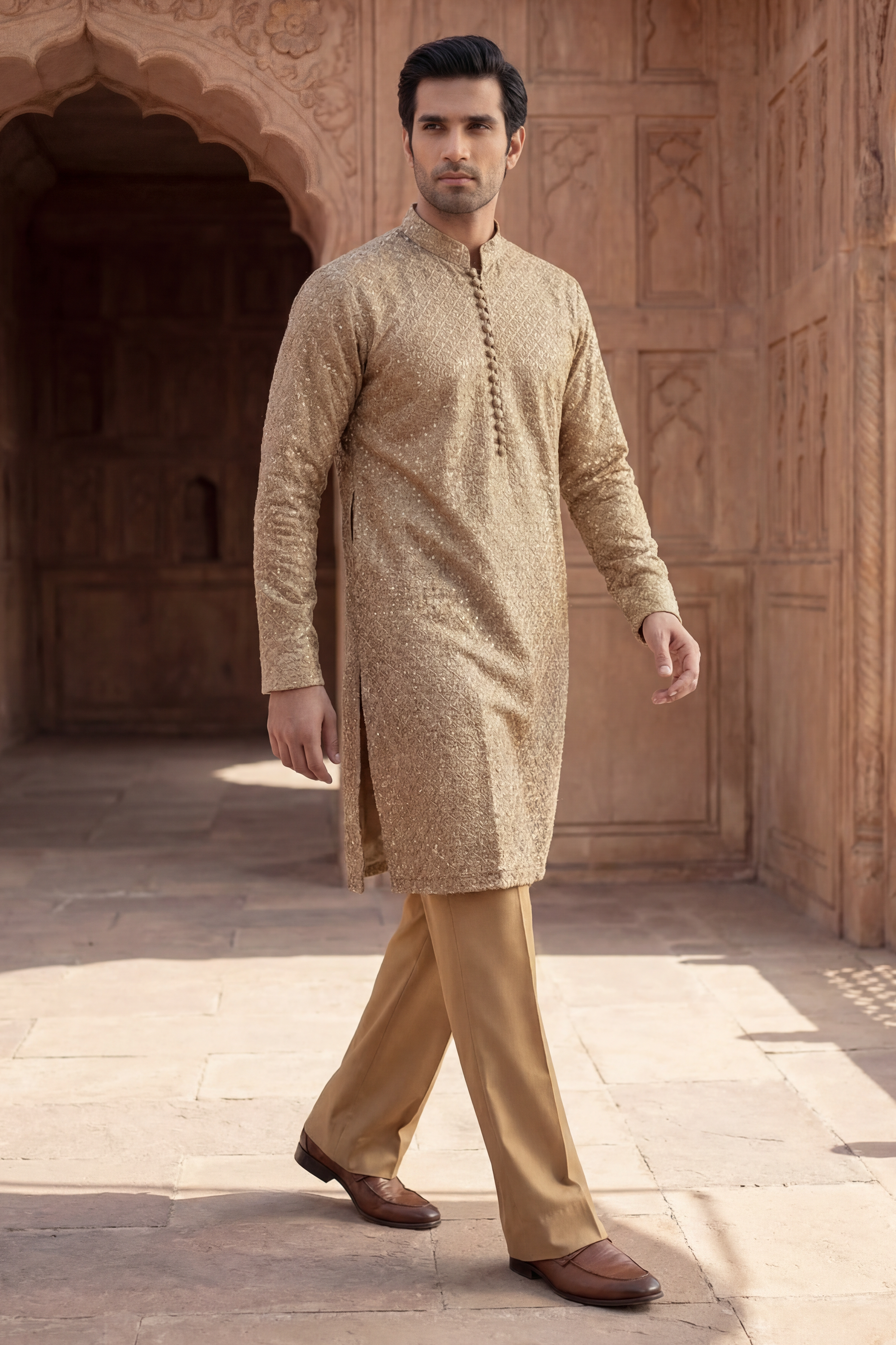 Honey Golden Sequin Embroidered Kurta Trouser Set