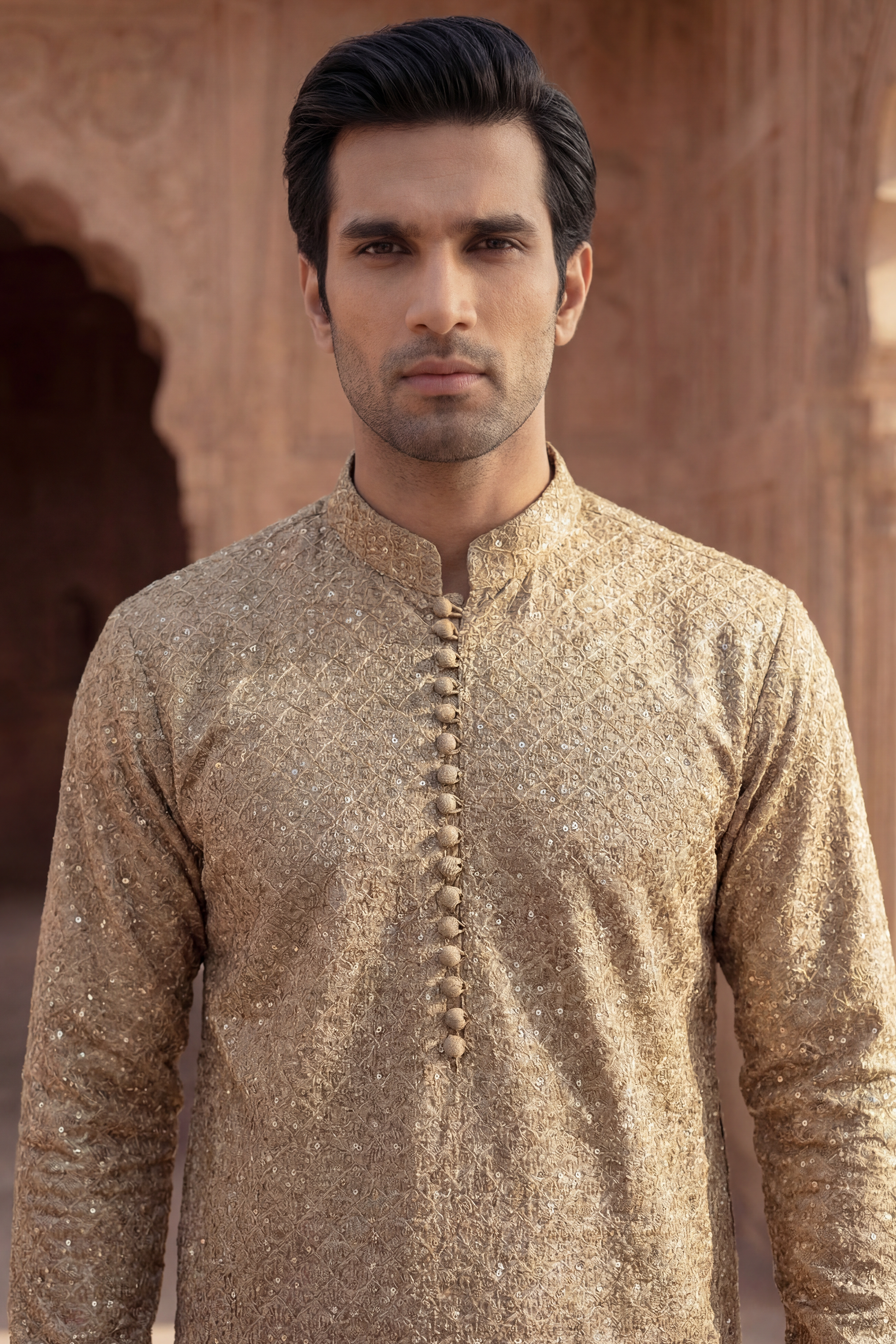 Honey Golden Sequin Embroidered Kurta Trouser Set