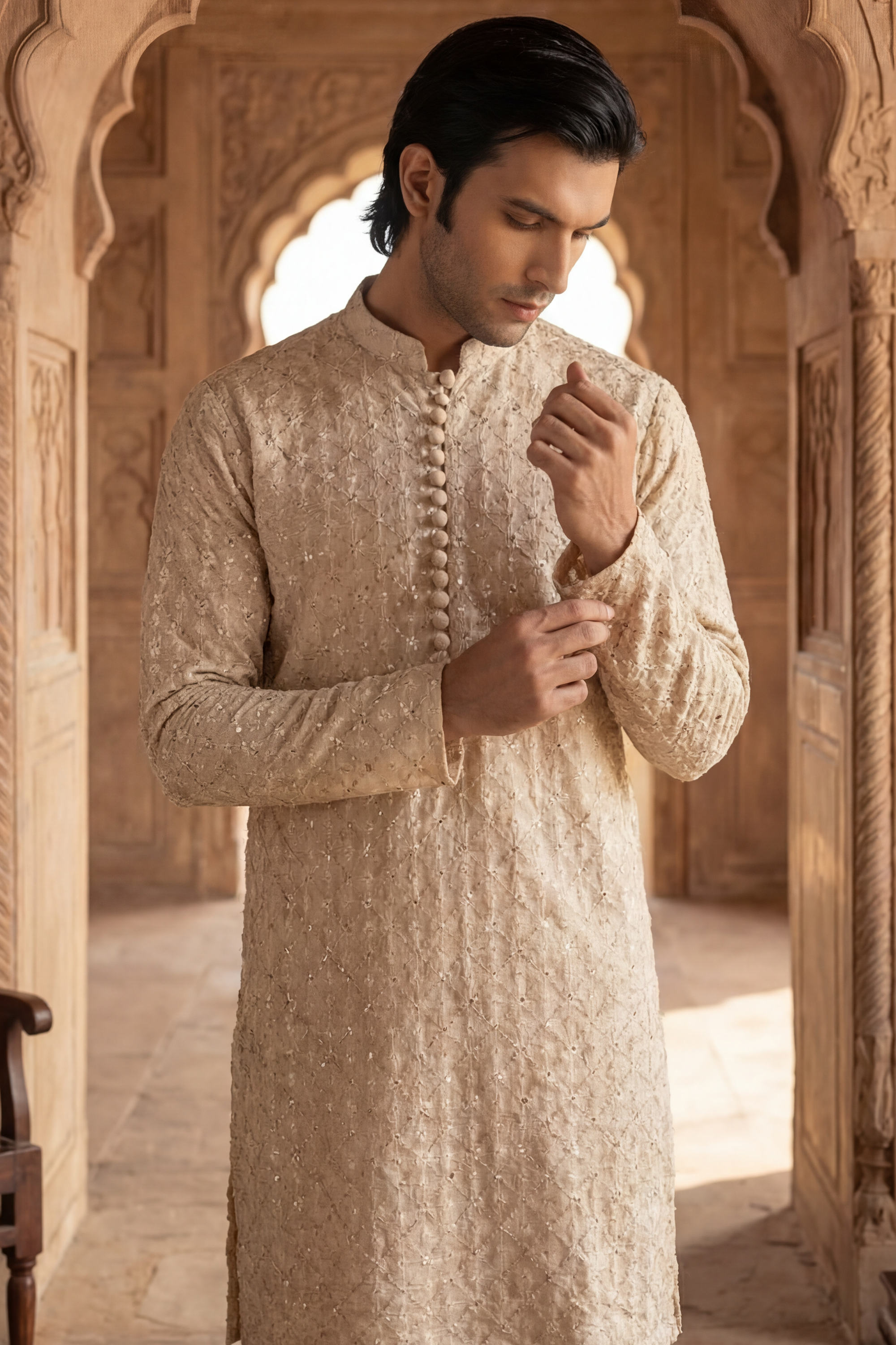 Light Golden Beige Sequin Embroidered Kurta Trouser Set