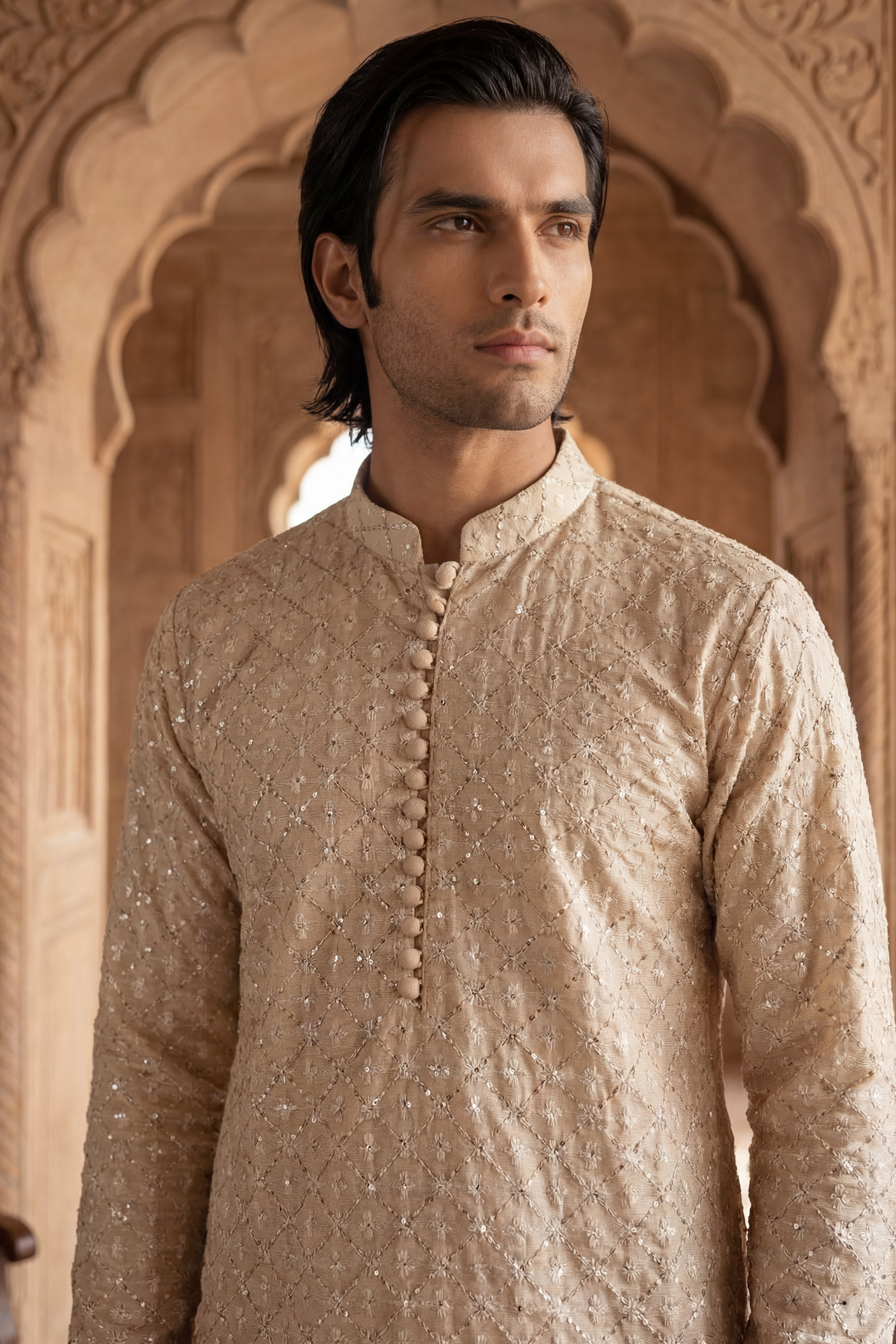 Light Golden Beige Sequin Embroidered Kurta Trouser Set