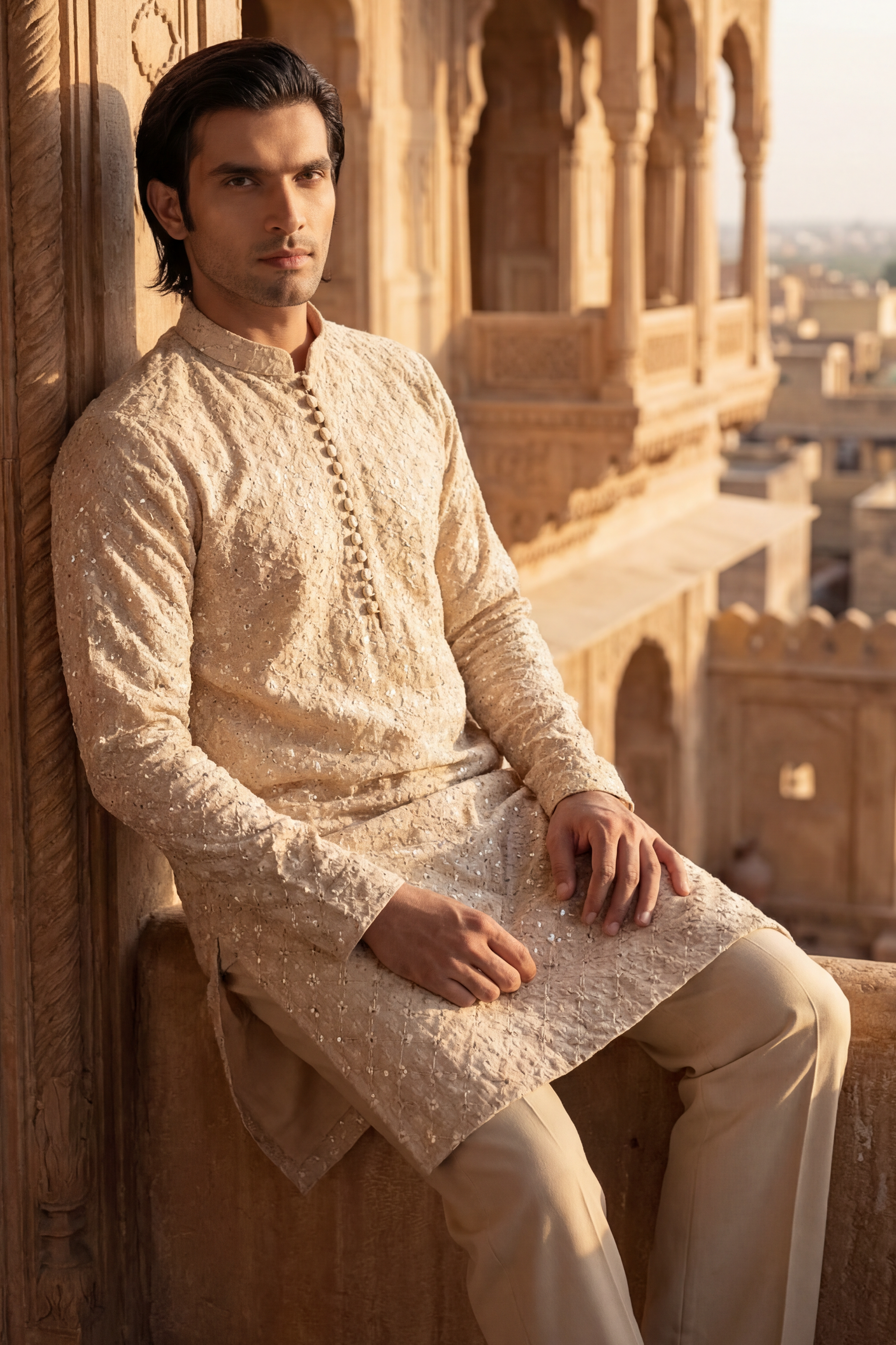 Light Golden Beige Sequin Embroidered Kurta Trouser Set