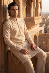 Light Golden Beige Sequin Embroidered Kurta Trouser Set