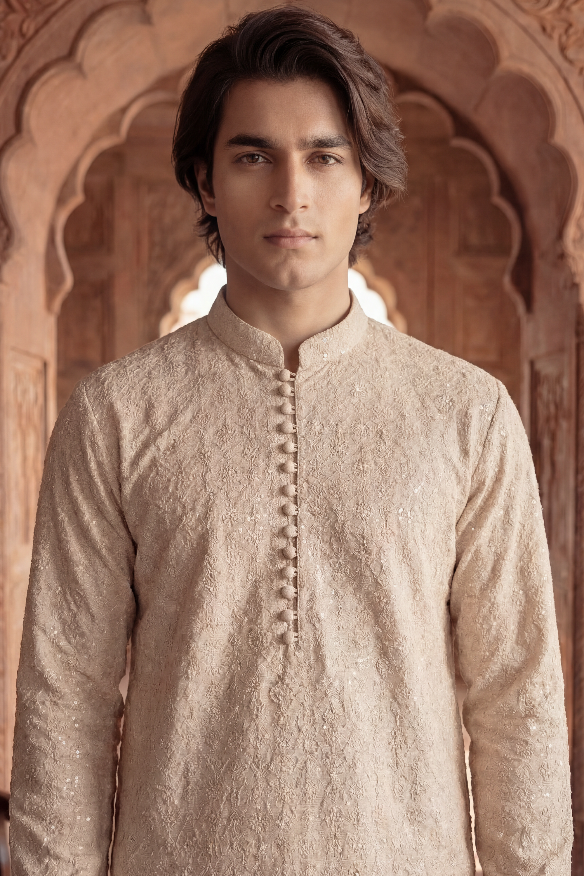 Pale Golden Beige Sequin Embroidered Kurta Trouser Set