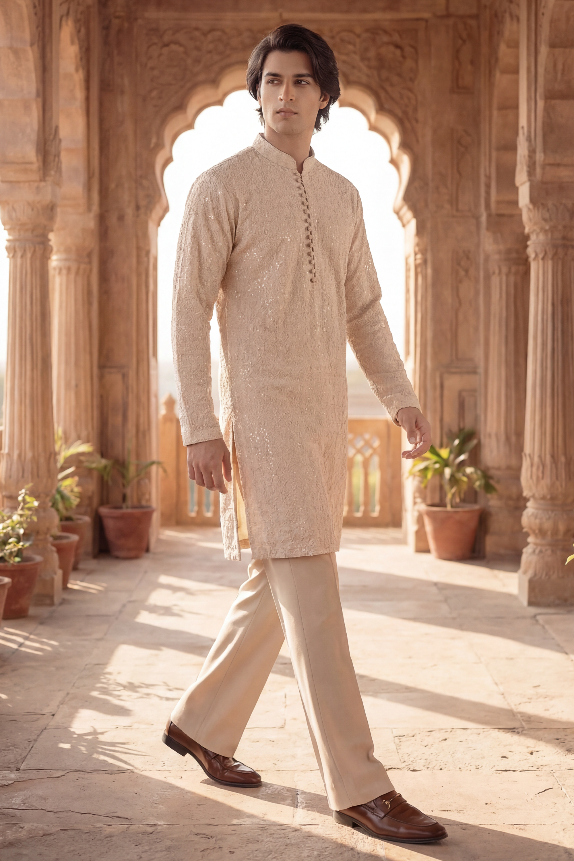 Pale Golden Beige Sequin Embroidered Kurta Trouser Set