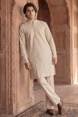 Pale Golden Beige Sequin Embroidered Kurta Trouser Set