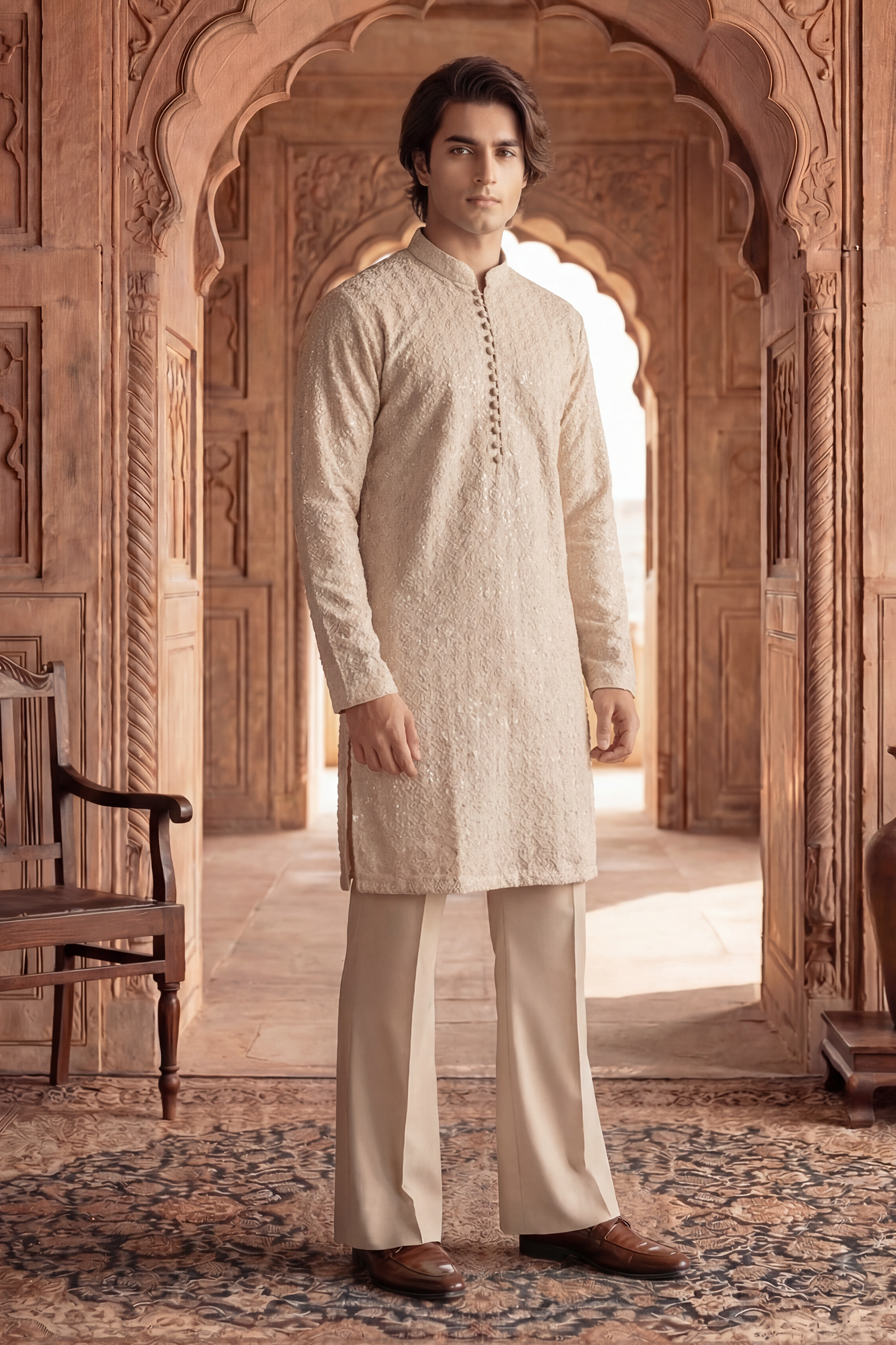 Pale Golden Beige Sequin Embroidered Kurta Trouser Set