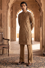 Golden Brown Floral Brocade Embroidered Kurta Trouser Set