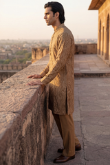Golden Brown Floral Brocade Embroidered Kurta Trouser Set