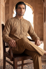 Golden Brown Floral Brocade Embroidered Kurta Trouser Set