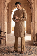 Golden Brown Floral Brocade Embroidered Kurta Trouser Set