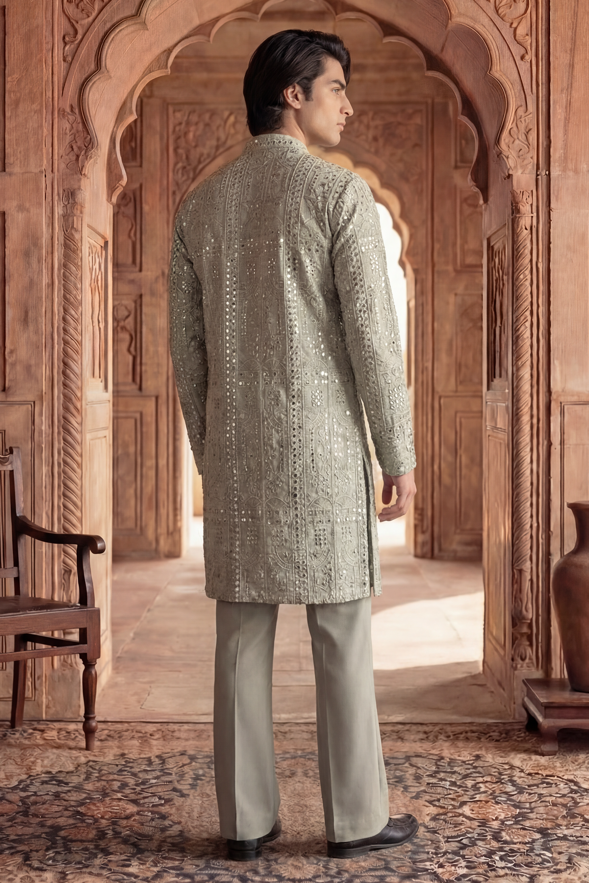 Soft Olive Green Sequin Embroidered Kurta Trouser Set