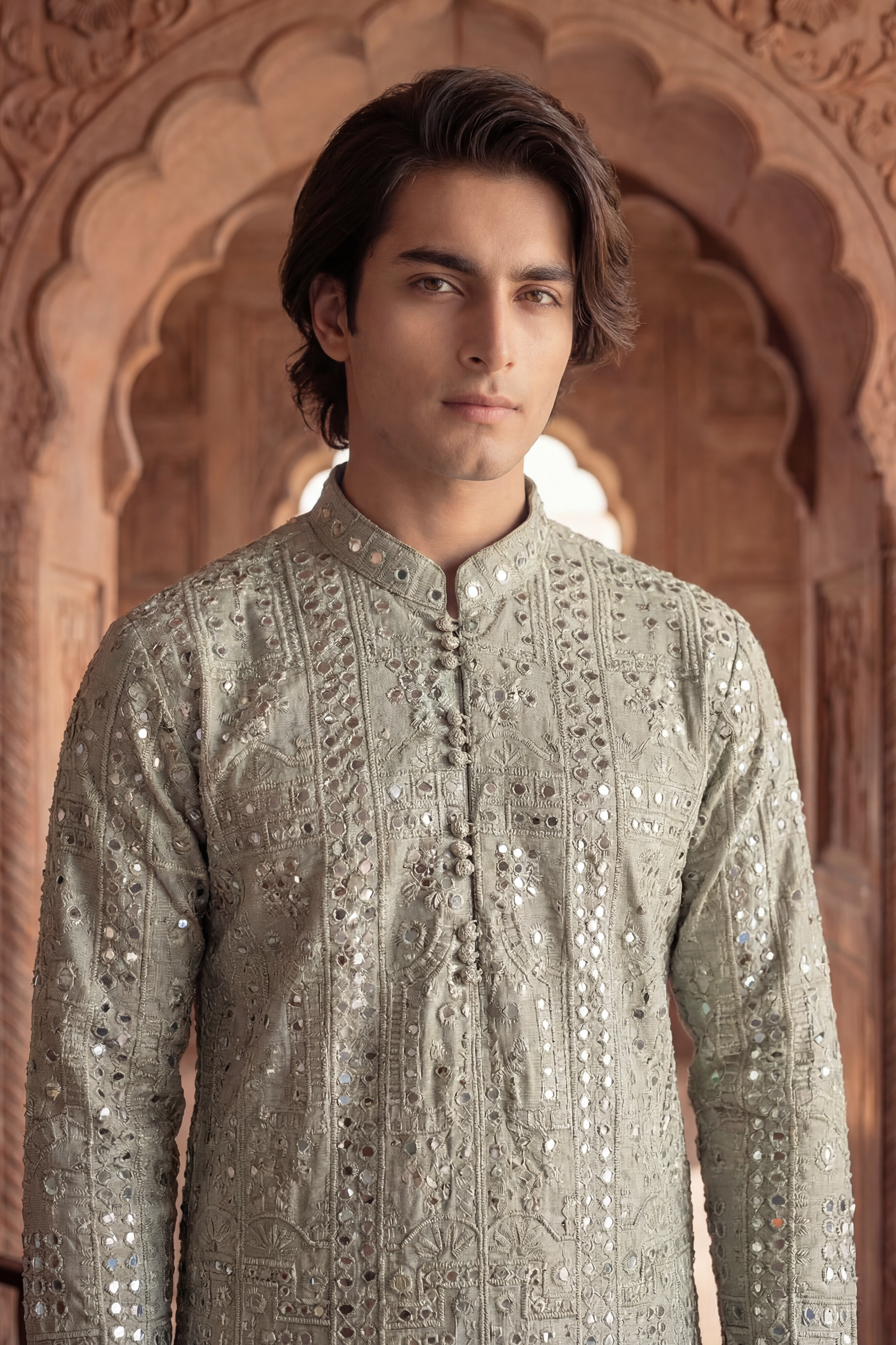 Soft Olive Green Sequin Embroidered Kurta Trouser Set