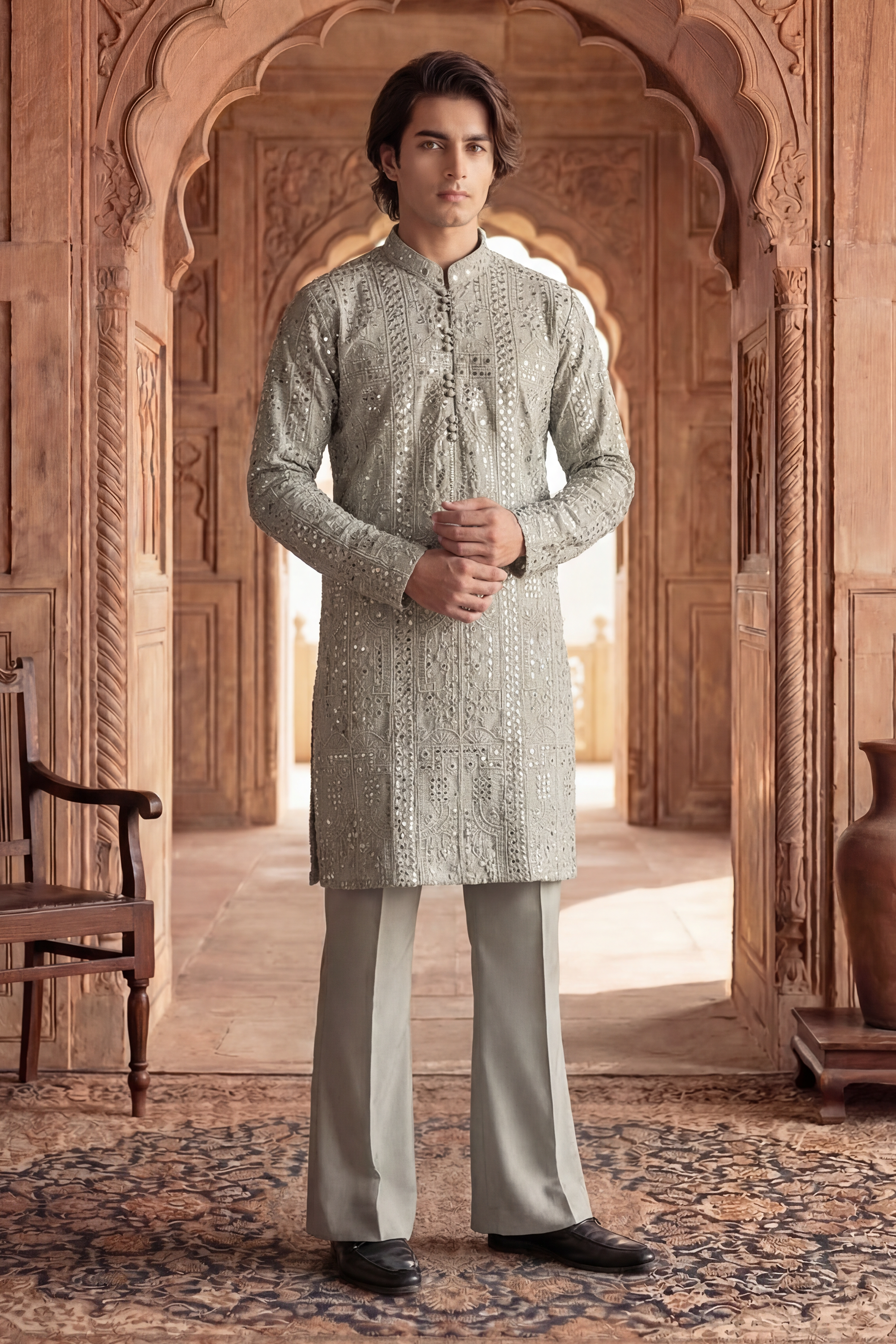 Soft Olive Green Sequin Embroidered Kurta Trouser Set